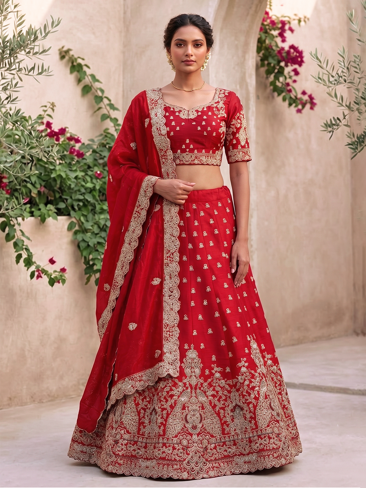 Red raw silk bridal lehenga choli with bird motifs