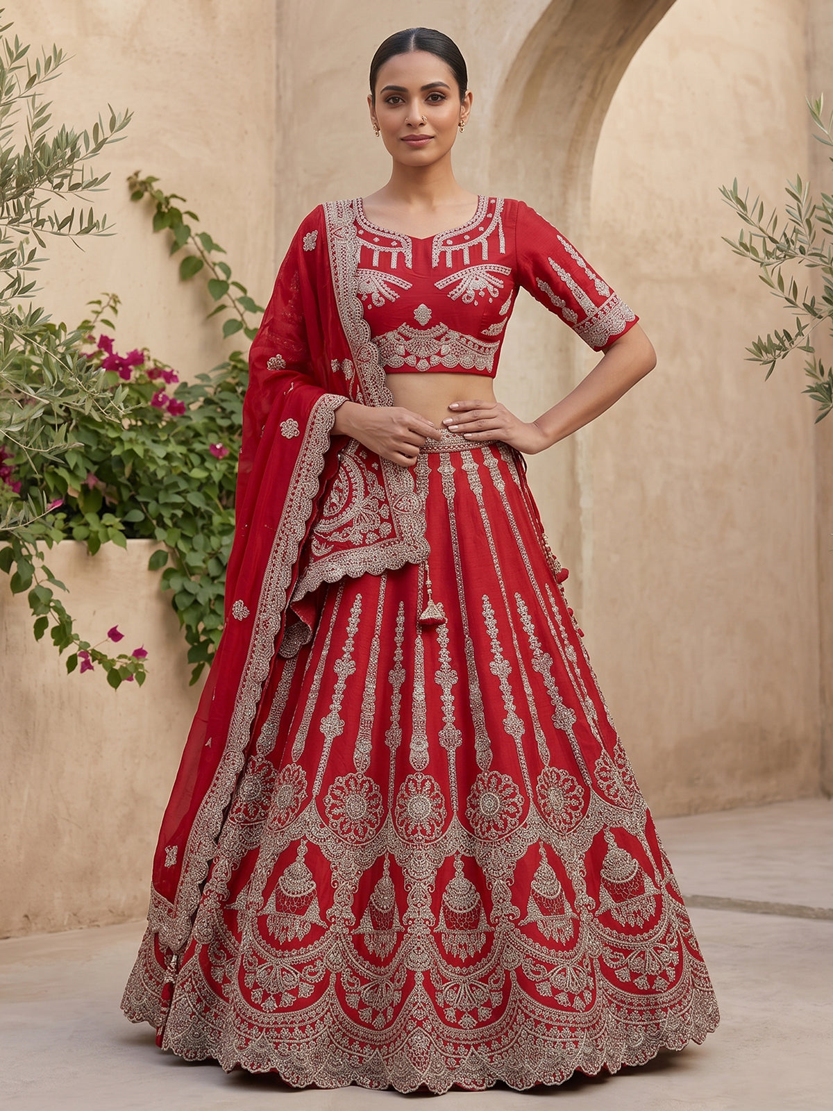Red raw silk bridal lehenga choli with double bridal dupatta