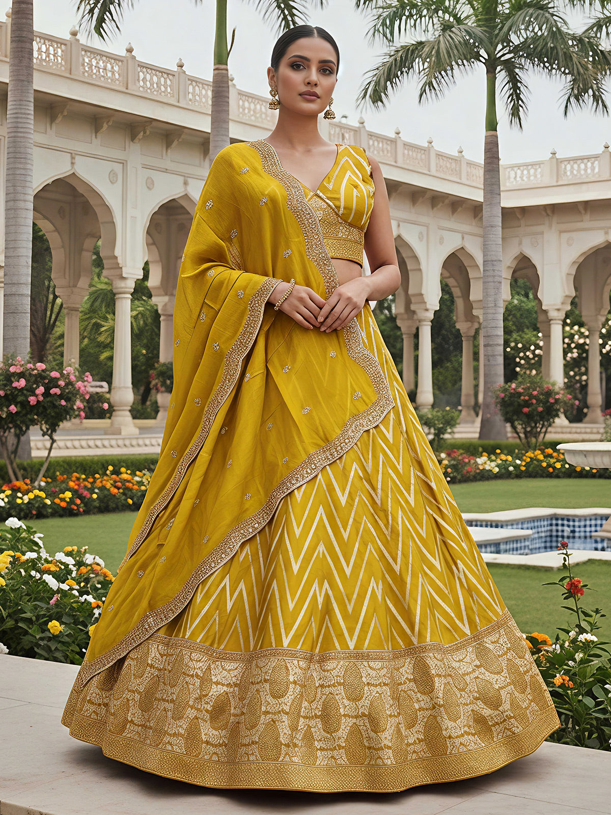 Mustard yellow haldi dola silk lehenga choli