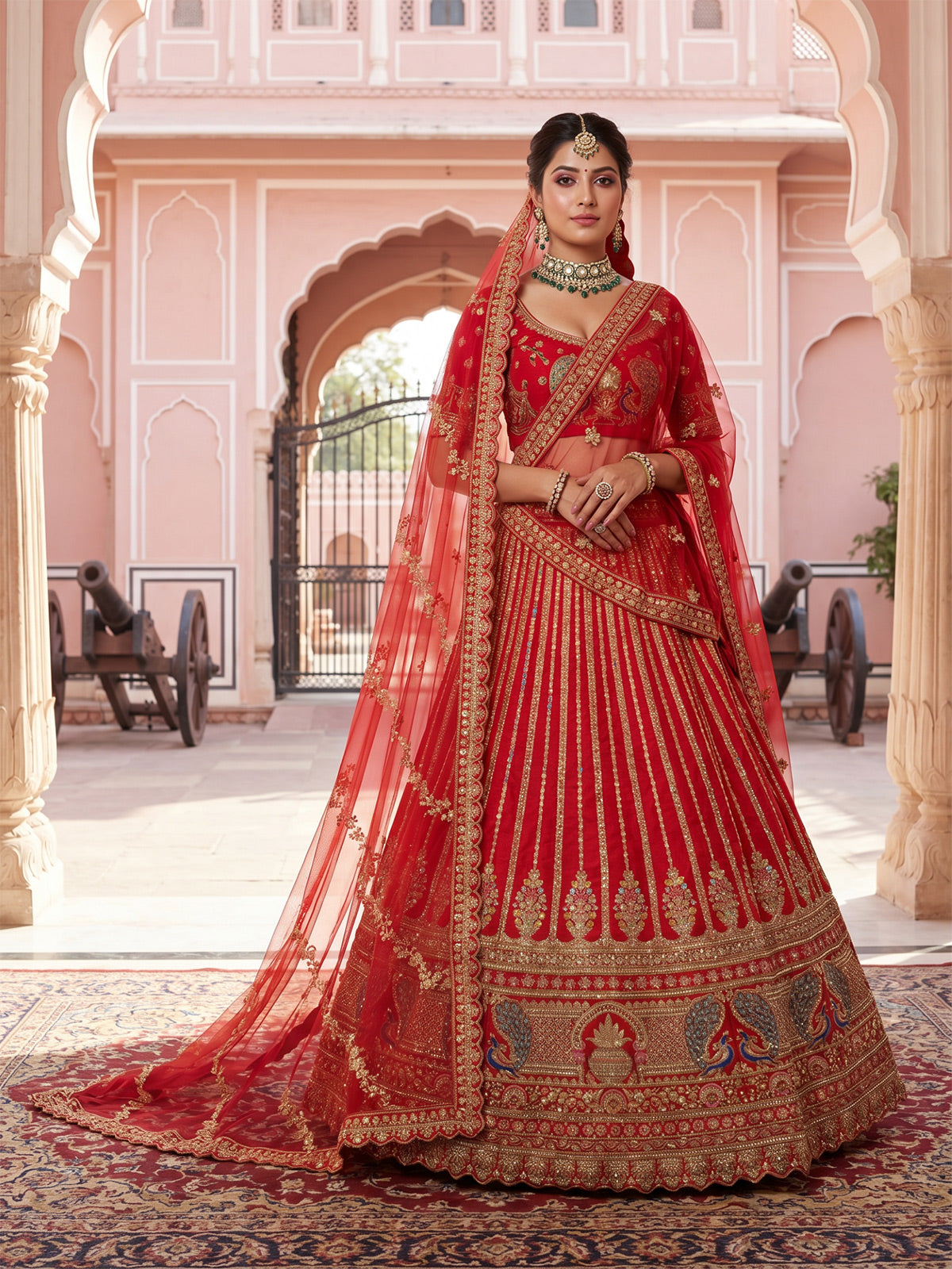 Red designer bridal silk unstitched lehenga choli ensemble