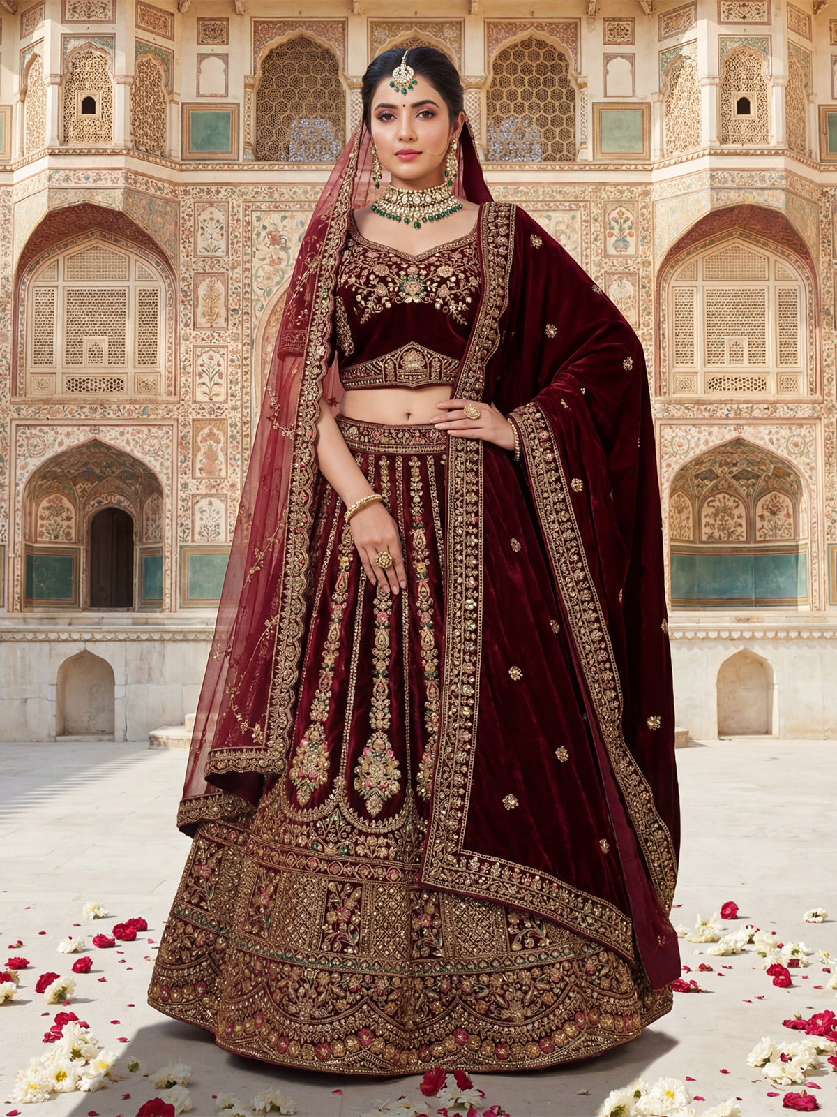 Dark maroon velvet bridal lehenga choli with double dupatta