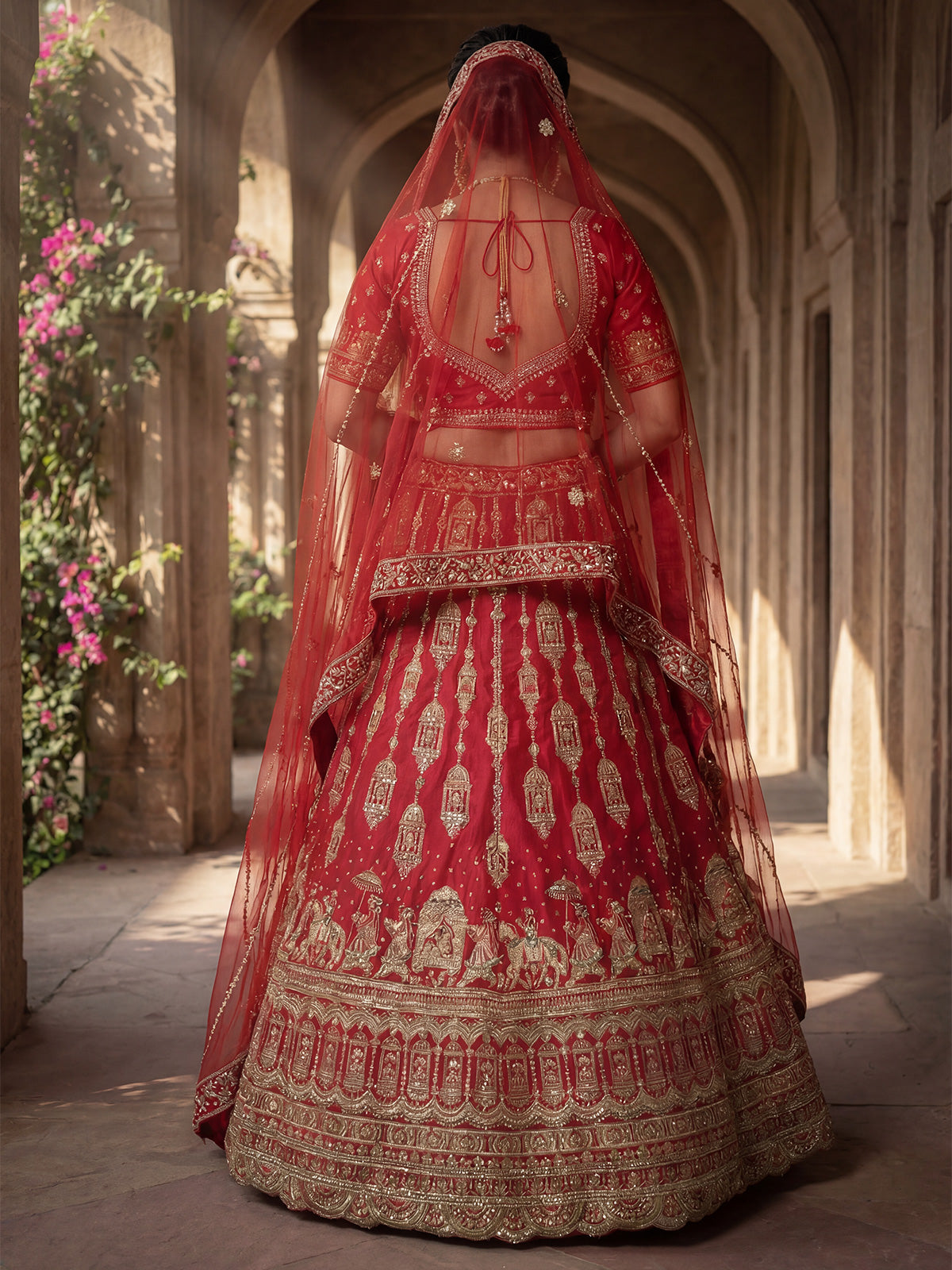 Red royal bridal silk lehenga choli with double dupatta