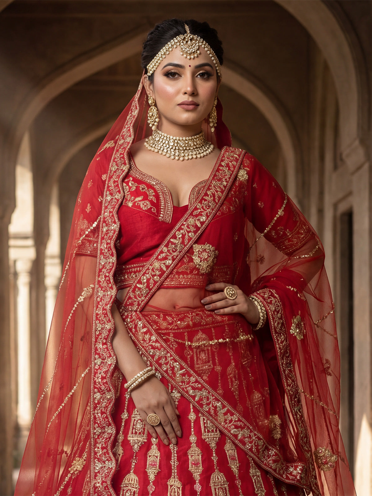 Red royal bridal silk lehenga choli with double dupatta