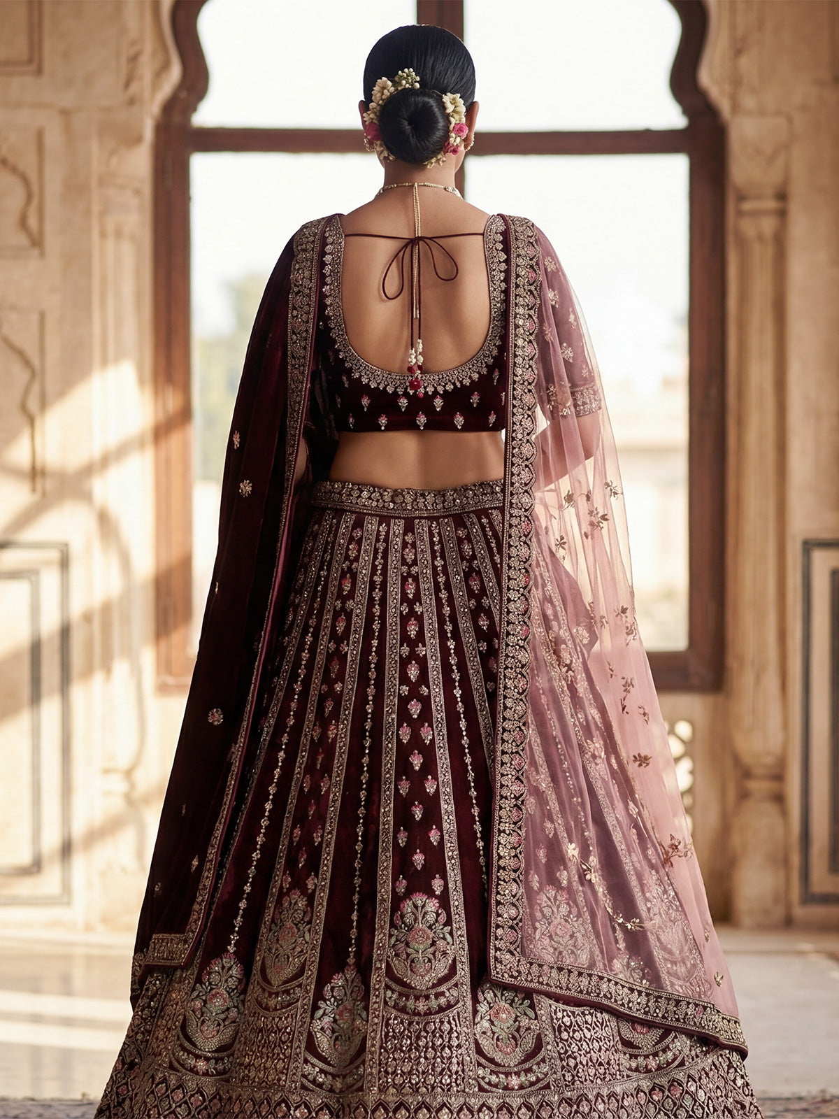 Maroon velvet bridal unstitched lehenga choli with double dupatta