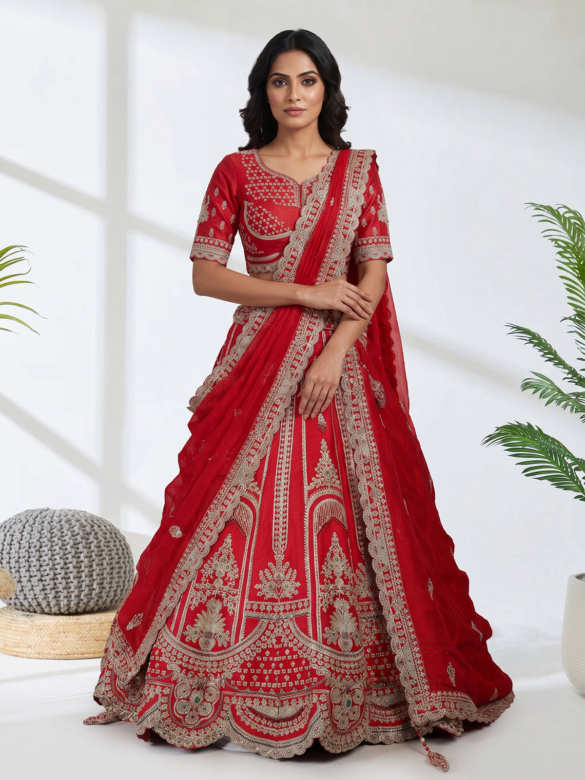 Red raw silk lehenga choli with diamond work
