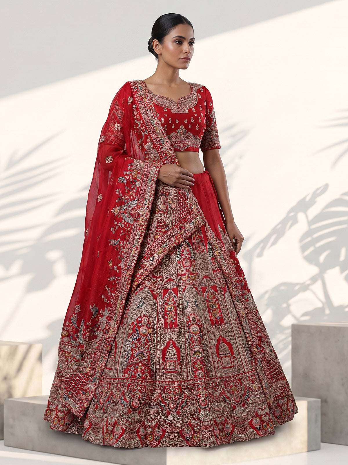 Red raw silk embroidered bridal lehenga choli set
