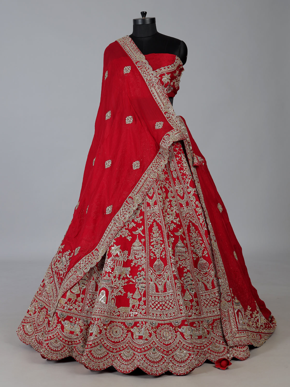 Red raw silk bridal lehenga choli with zardosi