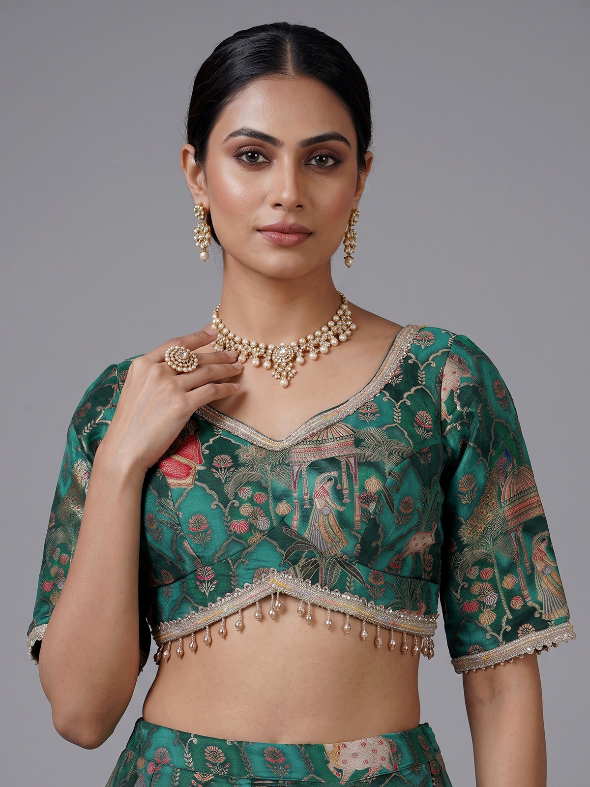 Green printed chanderi silk lehenga choli