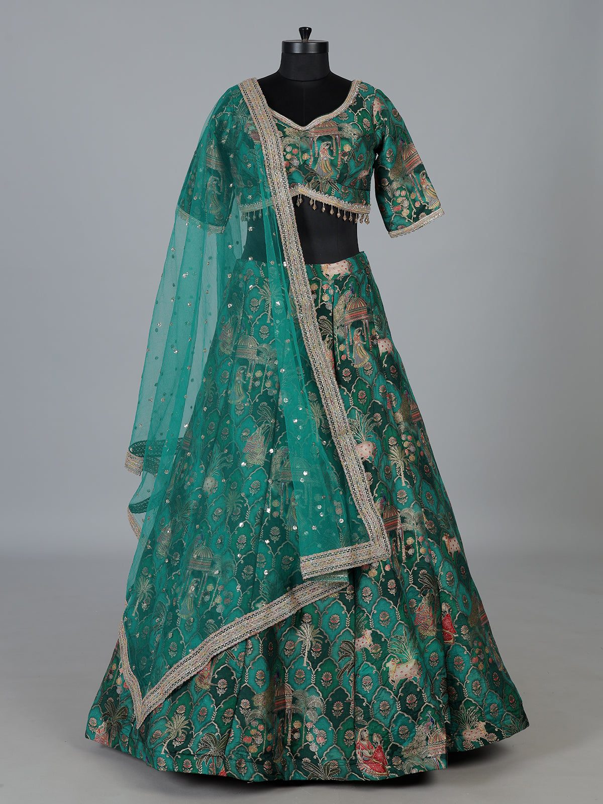 Green printed chanderi silk lehenga choli