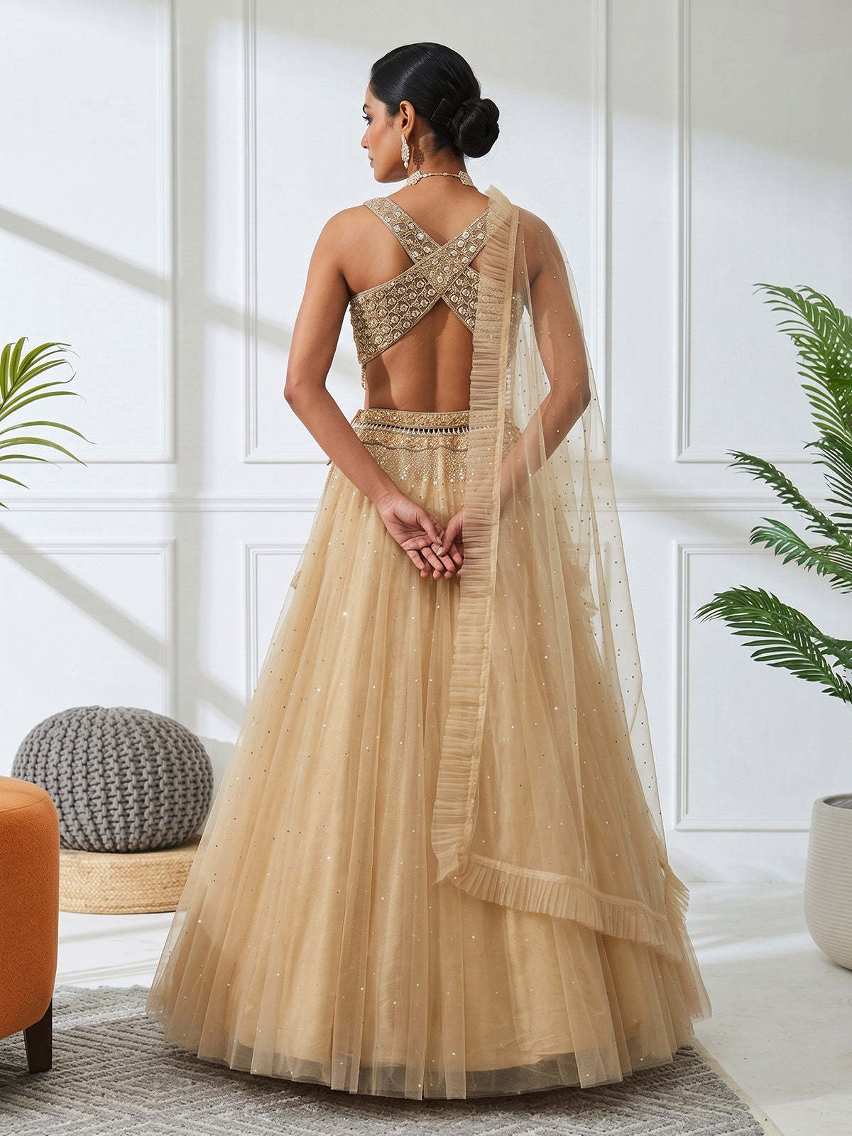 Beige designer net embroidered lehenga choli