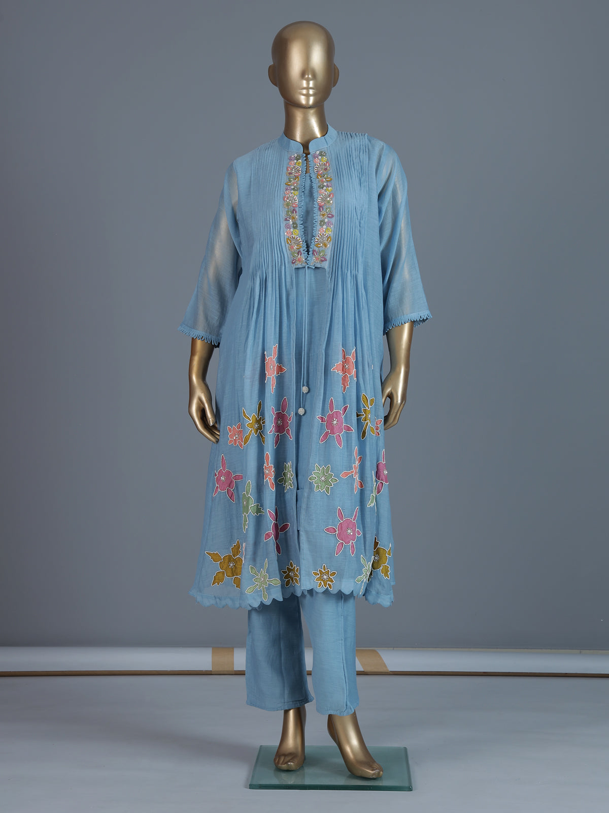 Sky blue cotton silk embroidered festive kurti set