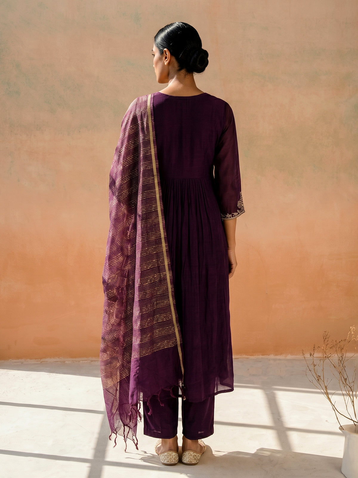 Wine georgette silk anarkali kurti set with dupatta