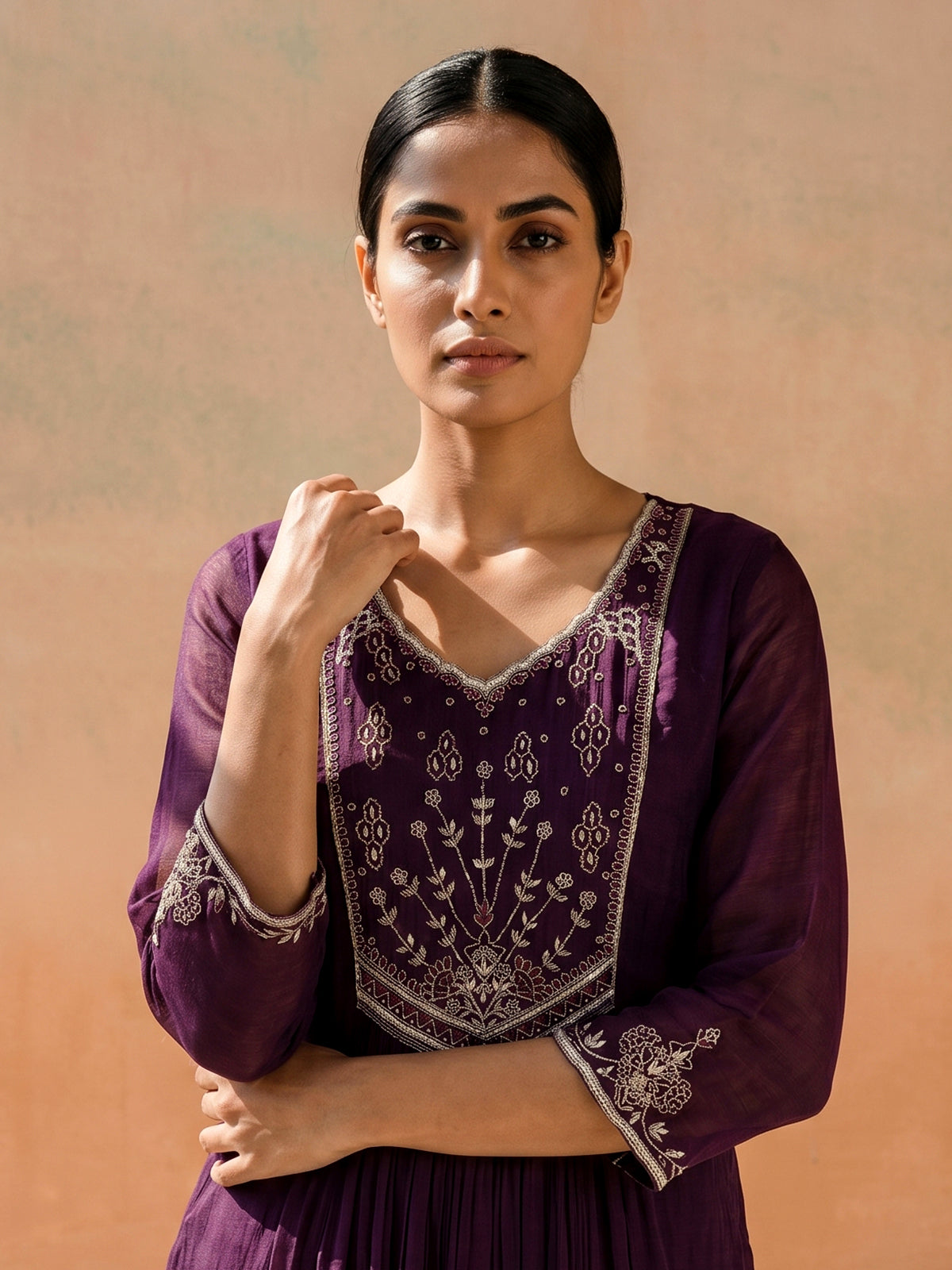 Wine georgette silk anarkali kurti set with dupatta