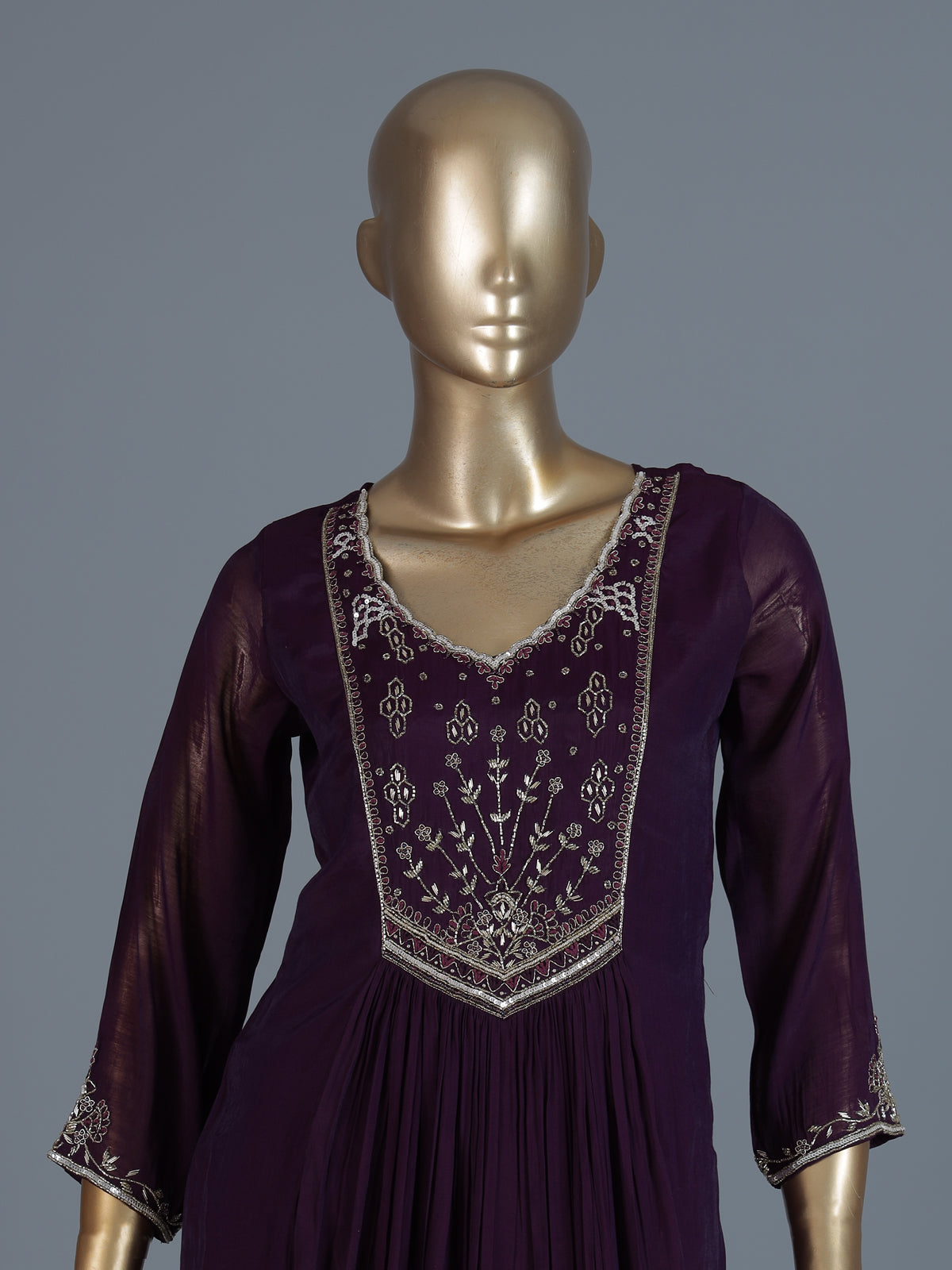 Wine georgette silk anarkali kurti set with dupatta