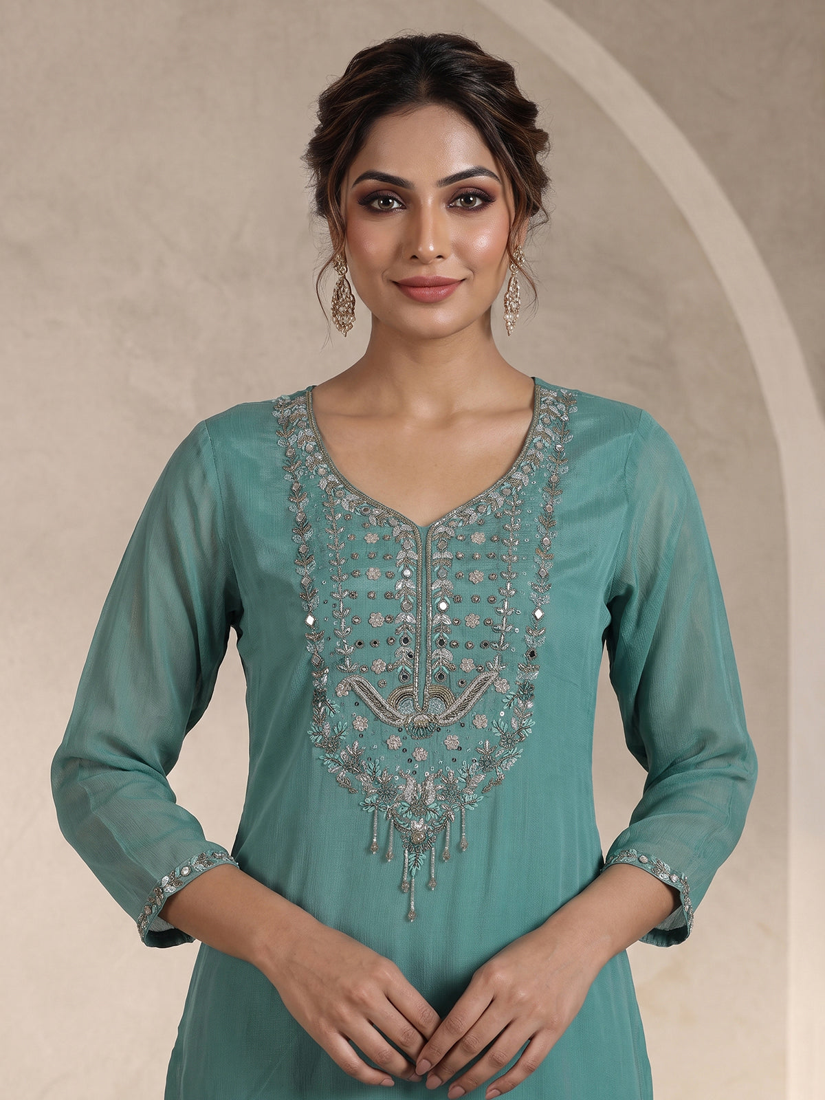 Green georgette silk mirror work palazzo suit ensemble