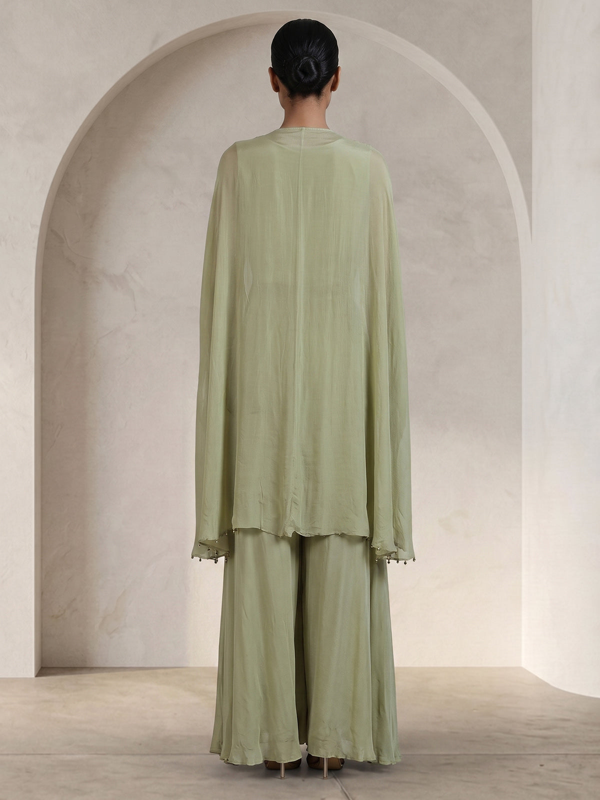 Sea green silk cape style sharara suit ensemble