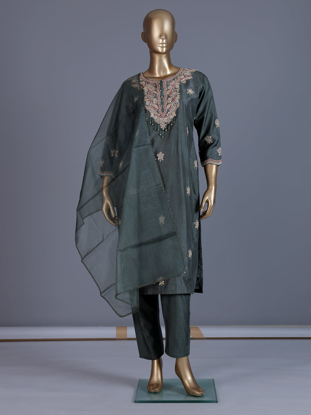Dark green embroidered slub silk straight salwar suit