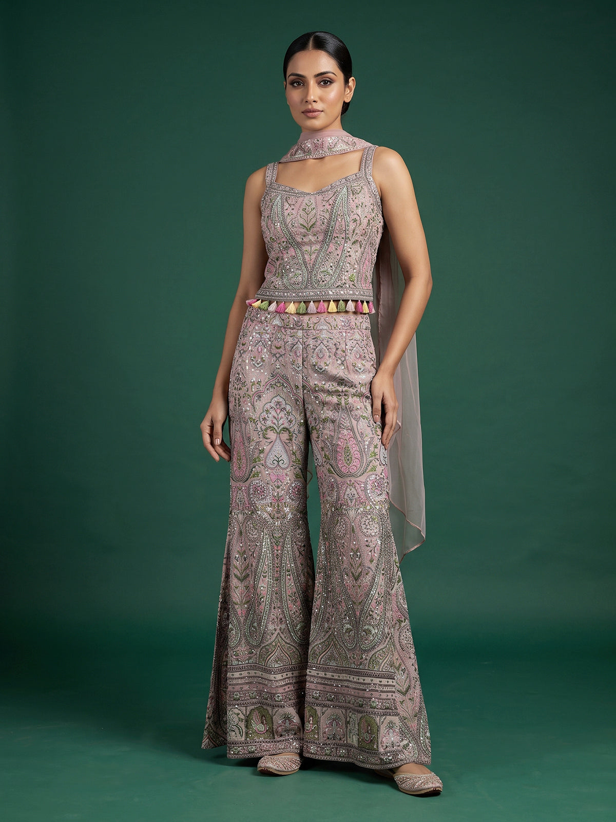 Peach silk embroidered indo western sharara suit with choker