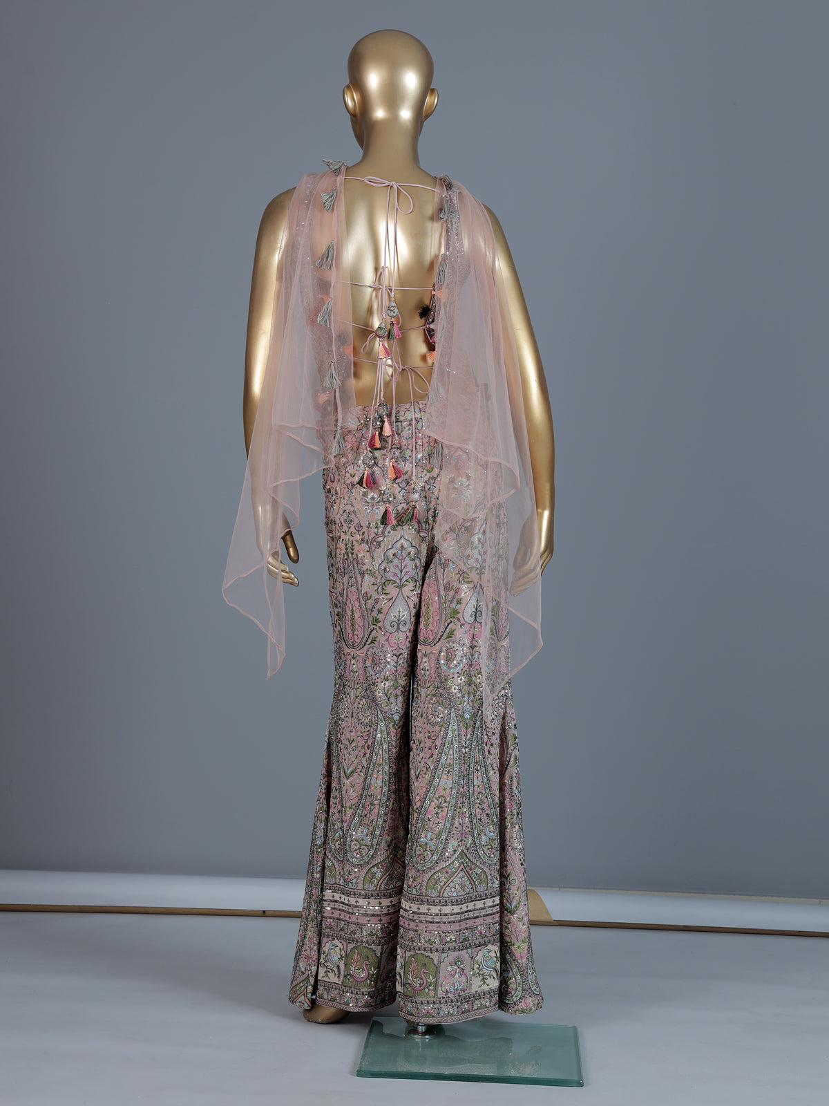 Peach silk embroidered indo western sharara suit with choker