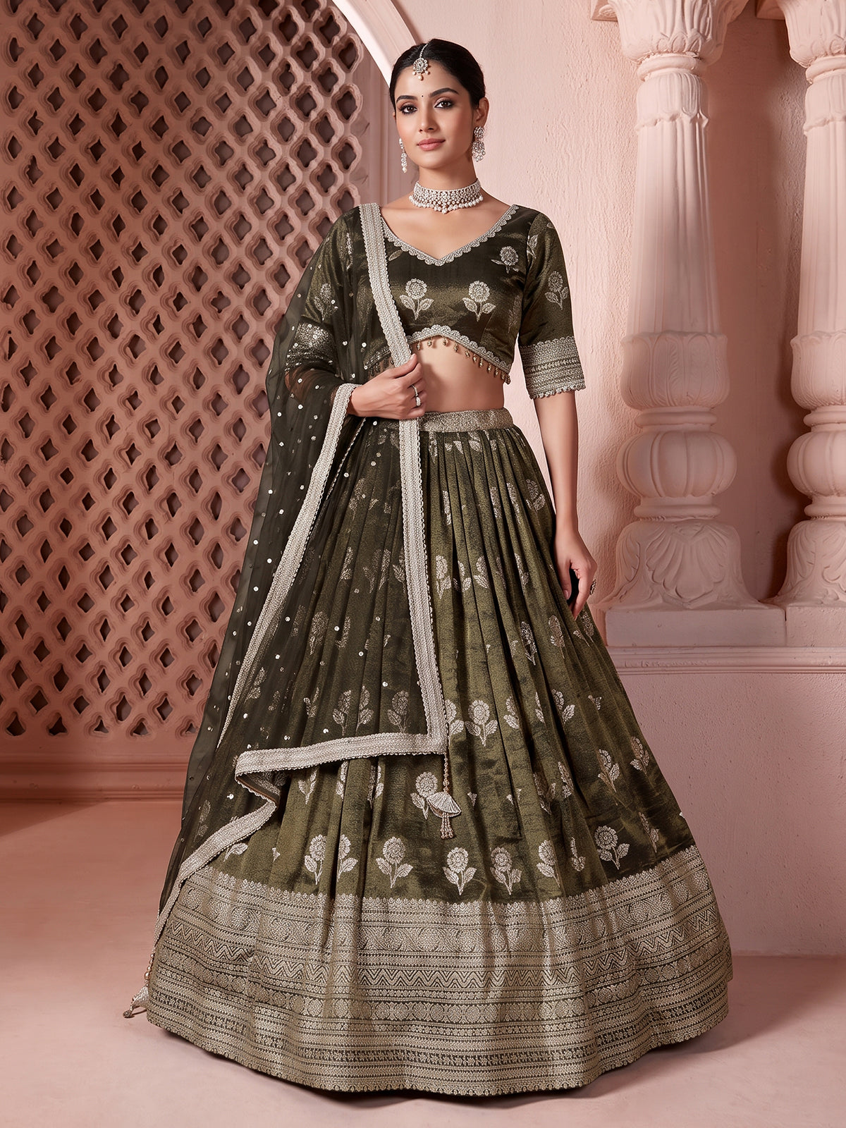 Olive shimmer silk mirror work lehenga choli