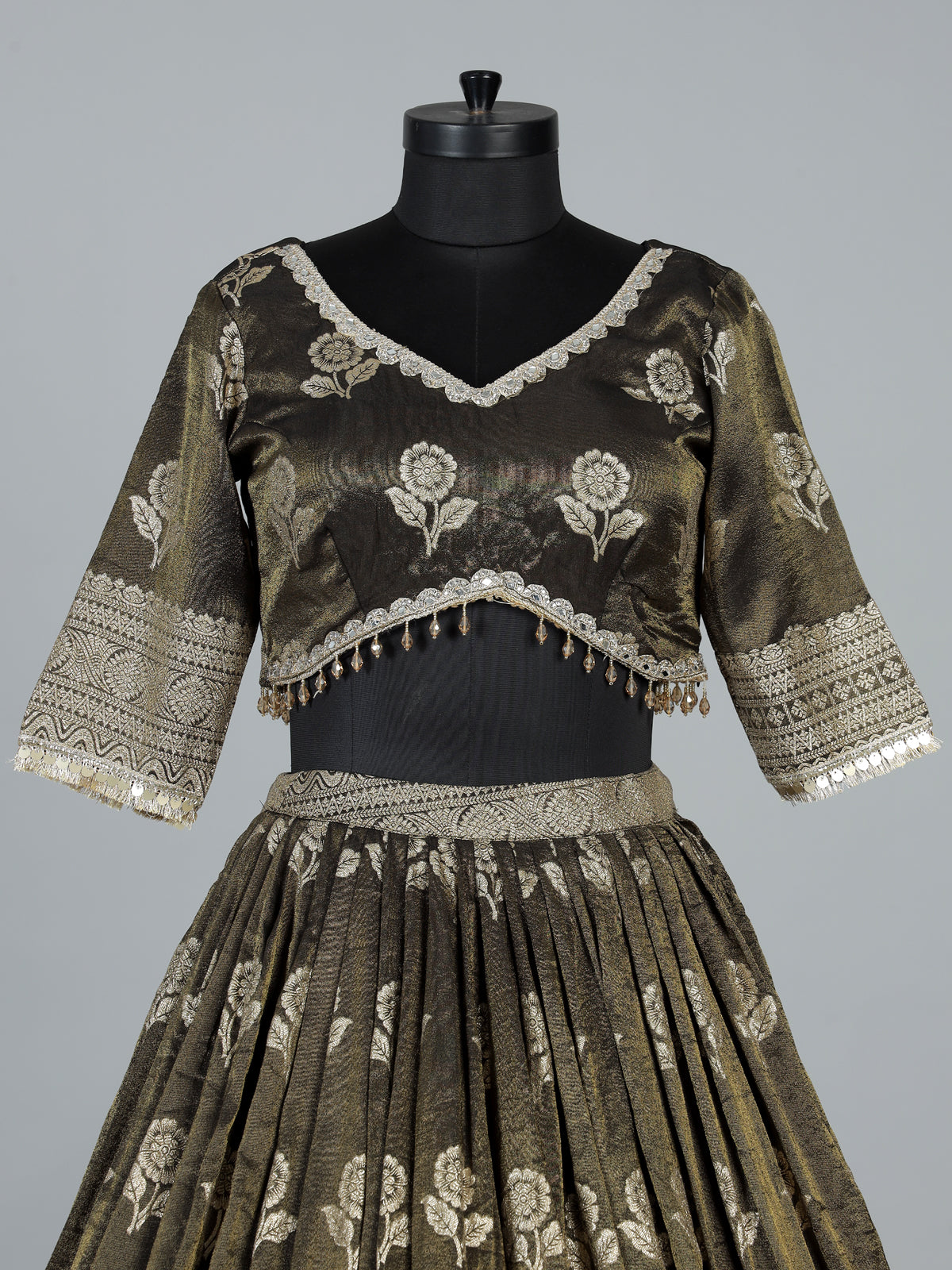 Olive shimmer silk mirror work lehenga choli