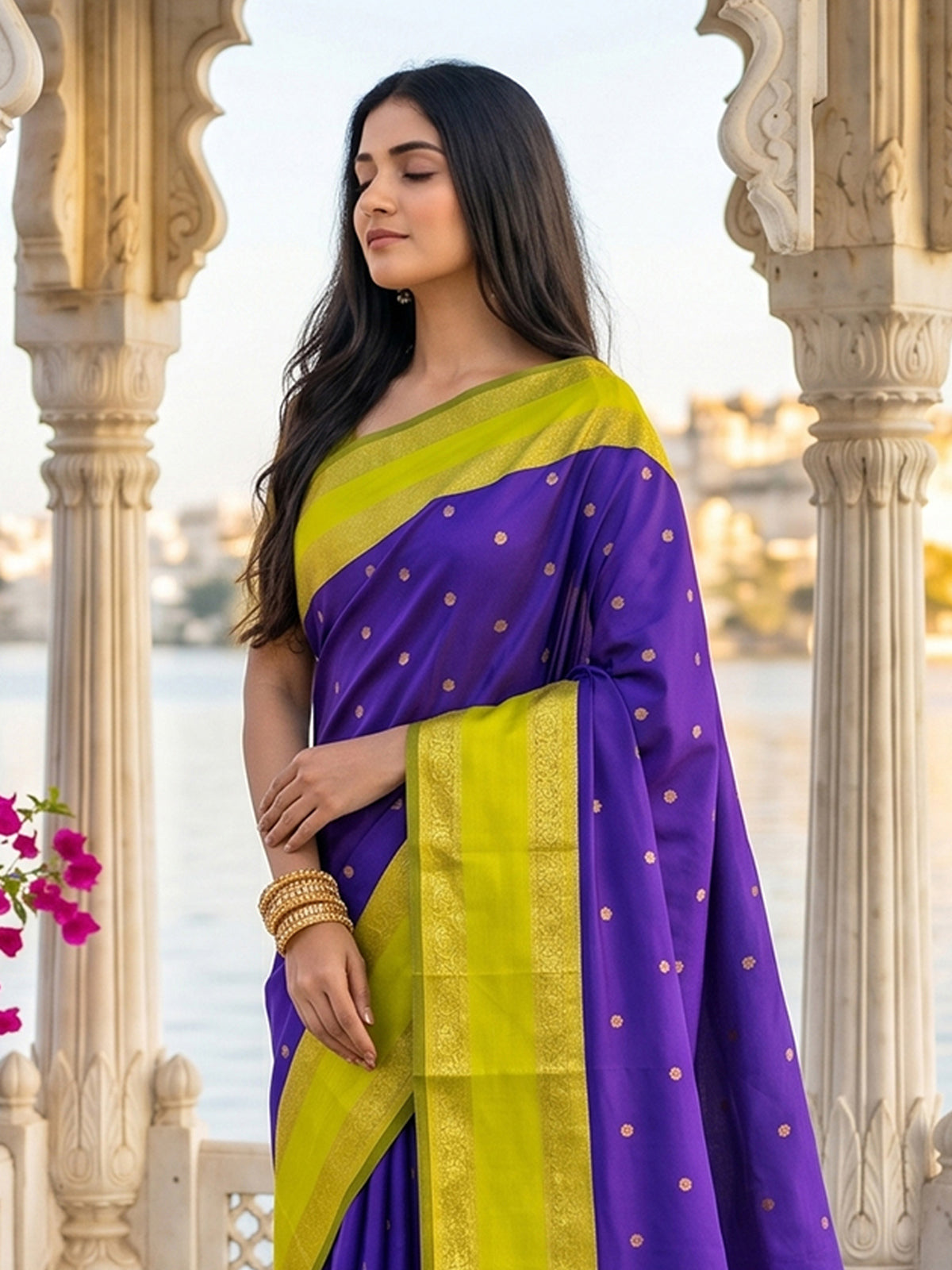 Regal purple soft silk saree with contrast green pallu