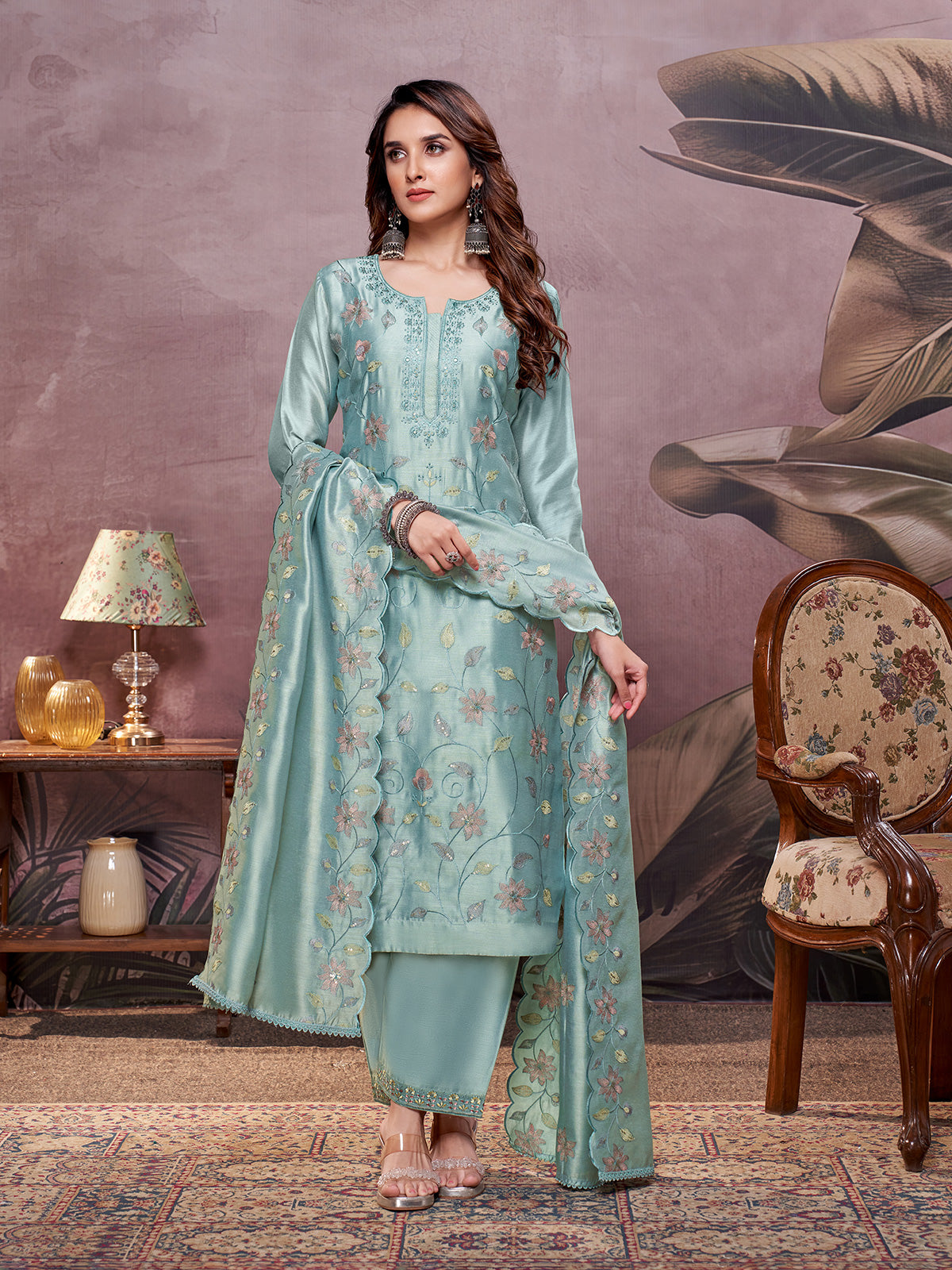 Sea green satin silk designer festive salwar suit