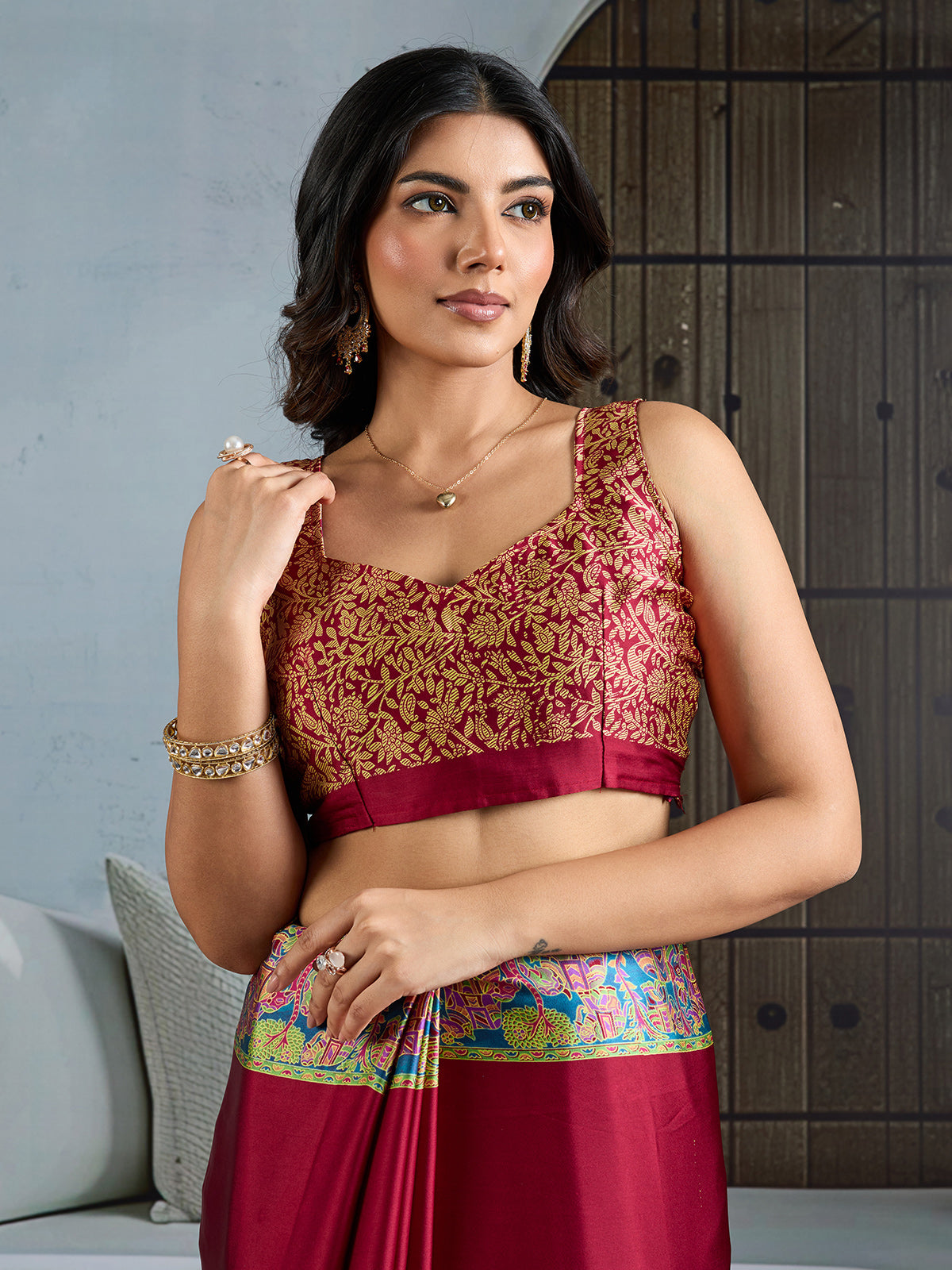 Maroon modal satin saree with ajrakh print