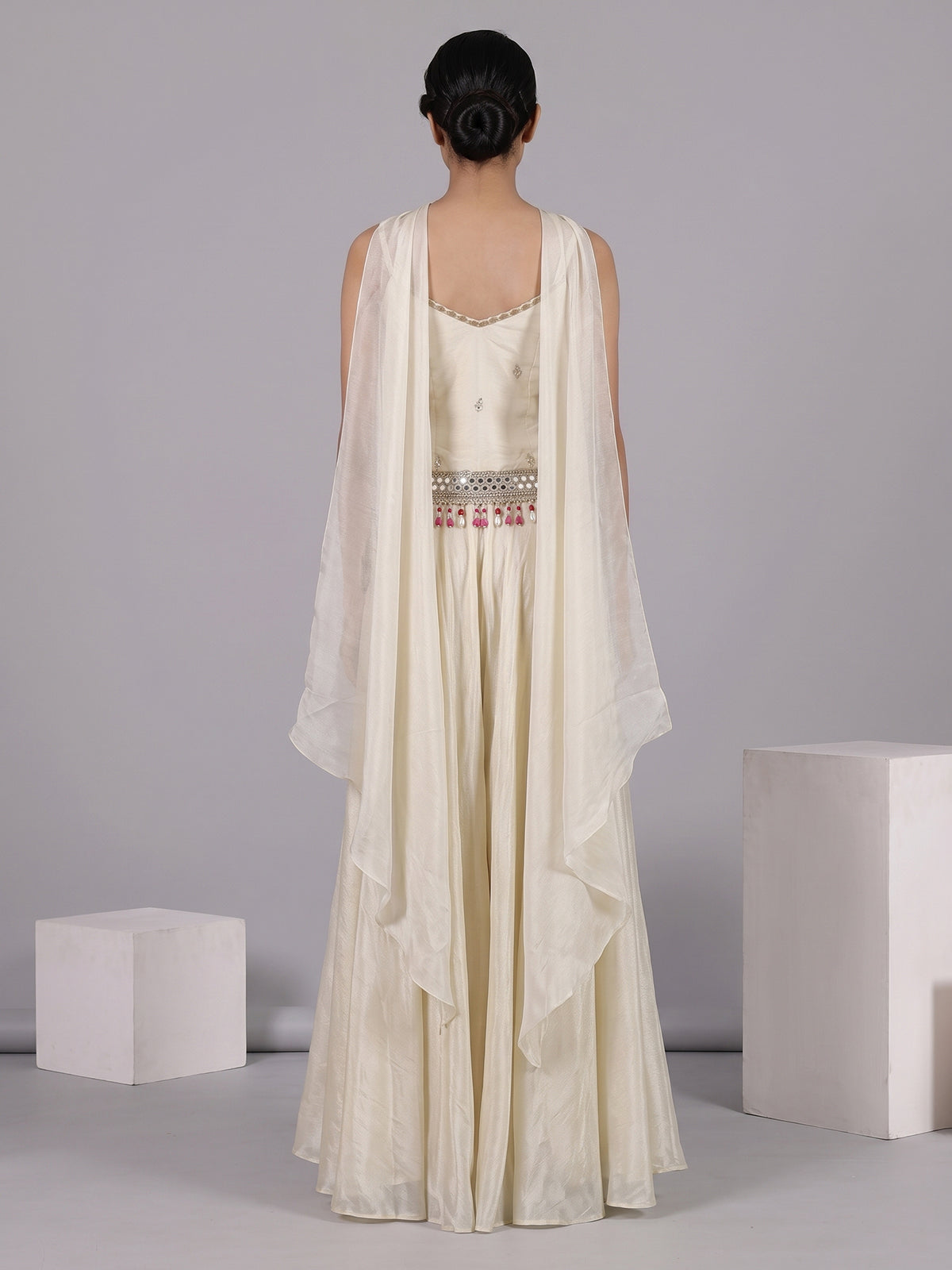 Cream designer shimmer silk palazzo suit with choker