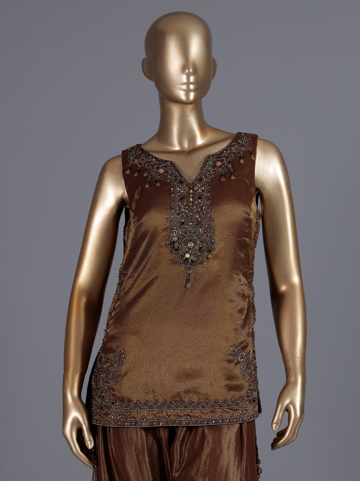 Brown embroidered art silk palazzo suit for women
