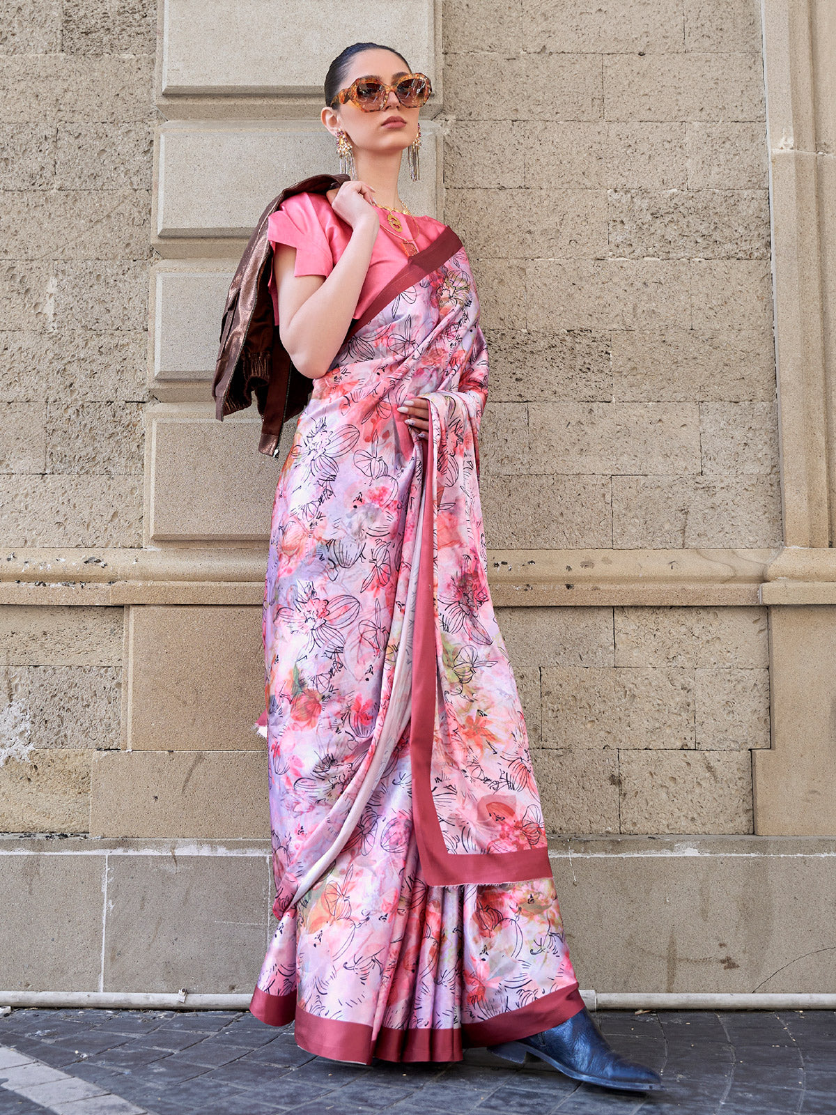 Lavender digital printed satin crepe festive saree elegance