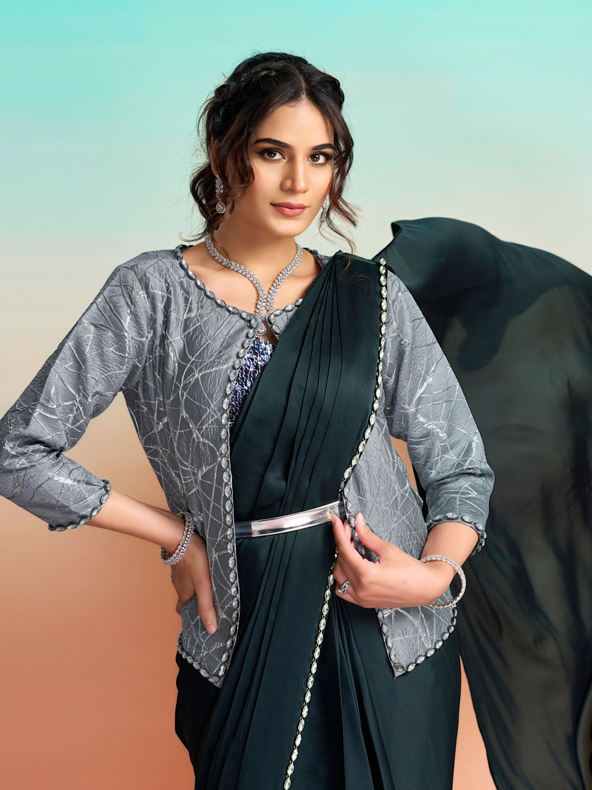 Slate blue designer ready to wear saree with jacket