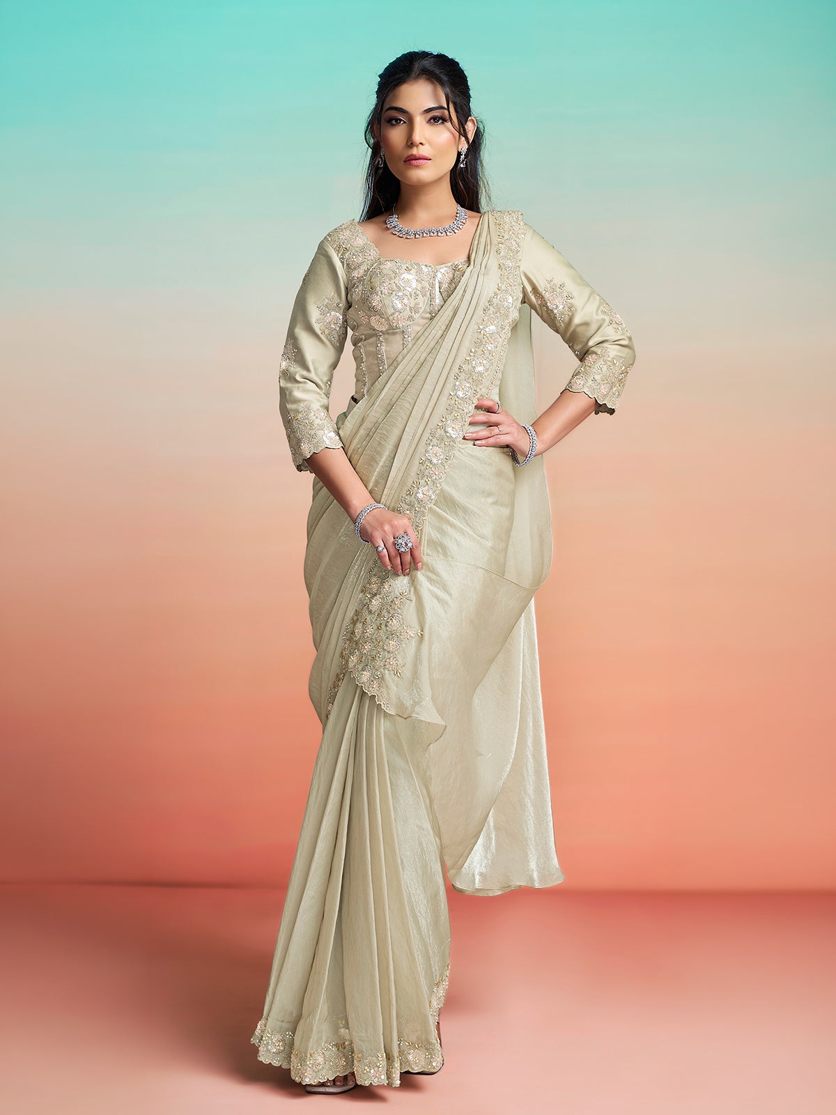 Light olive ready to wear satin saree