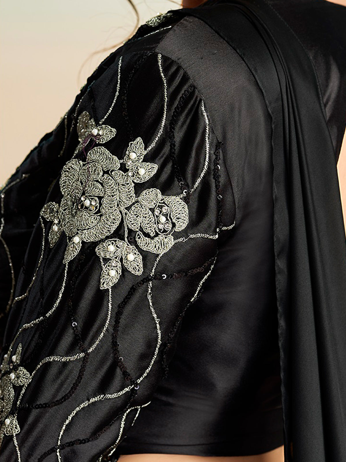 Black designer ready to wear satin silk saree with belt