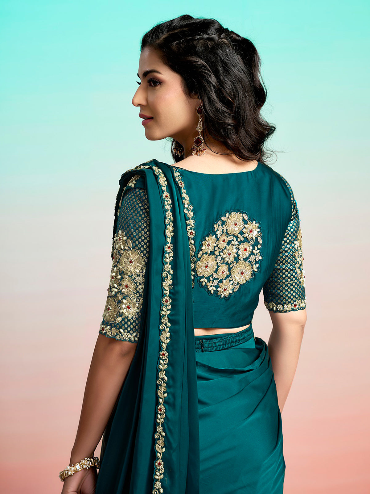 Teal green embellished ready to wear saree with koti