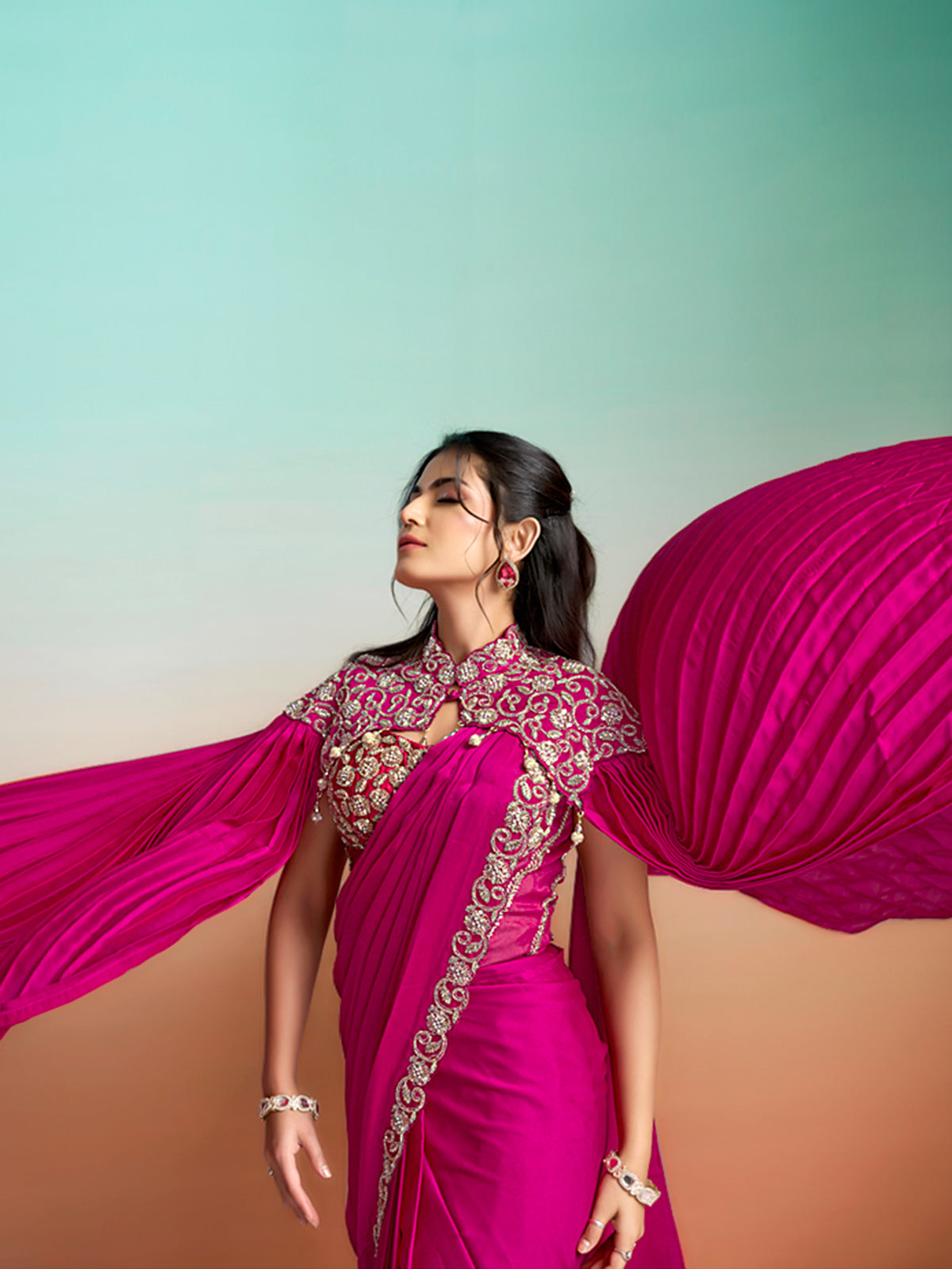 Magenta pink satin silk ready to wear saree with cape