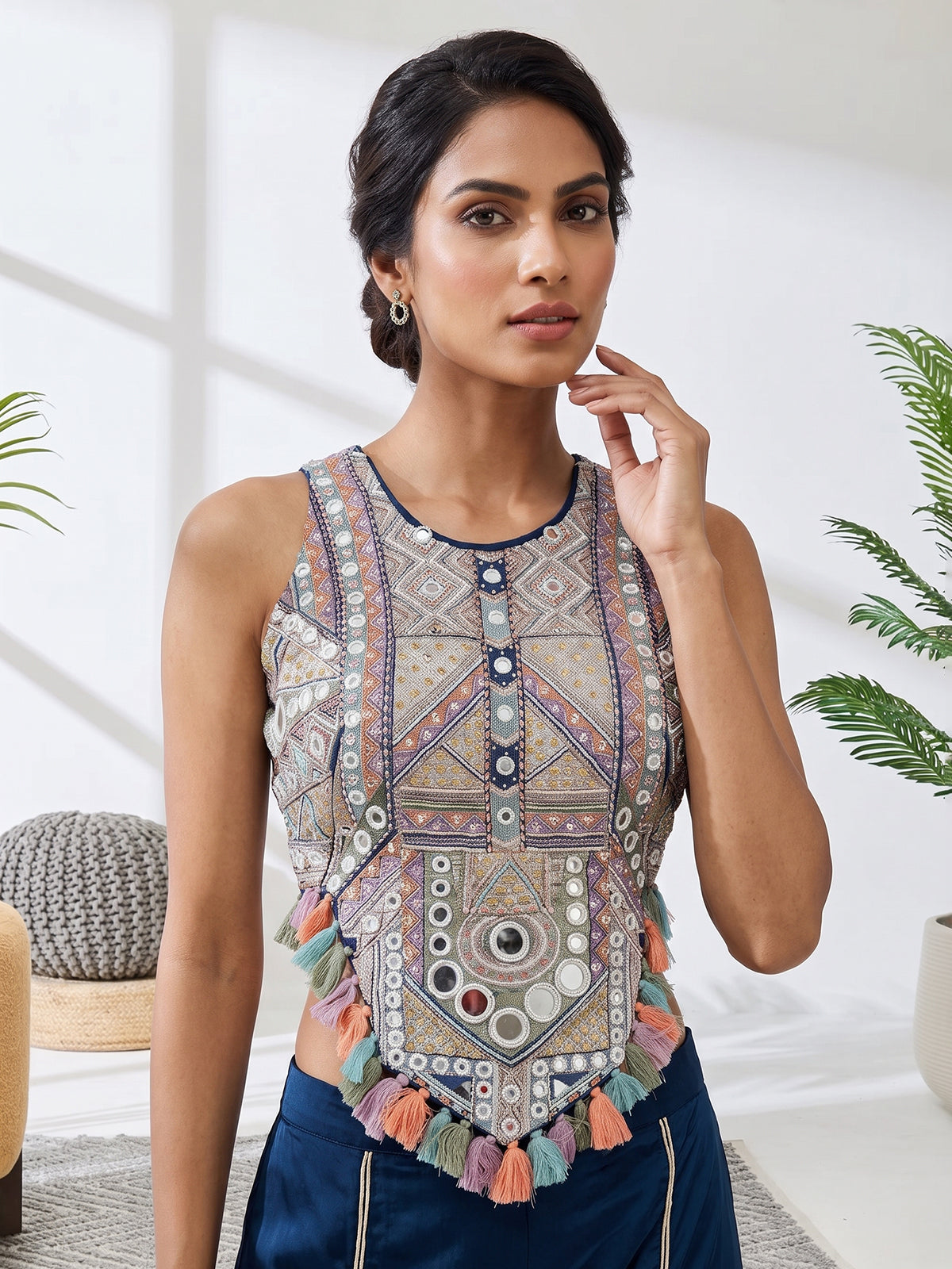 Navy blue satin silk indo western palazzo suit
