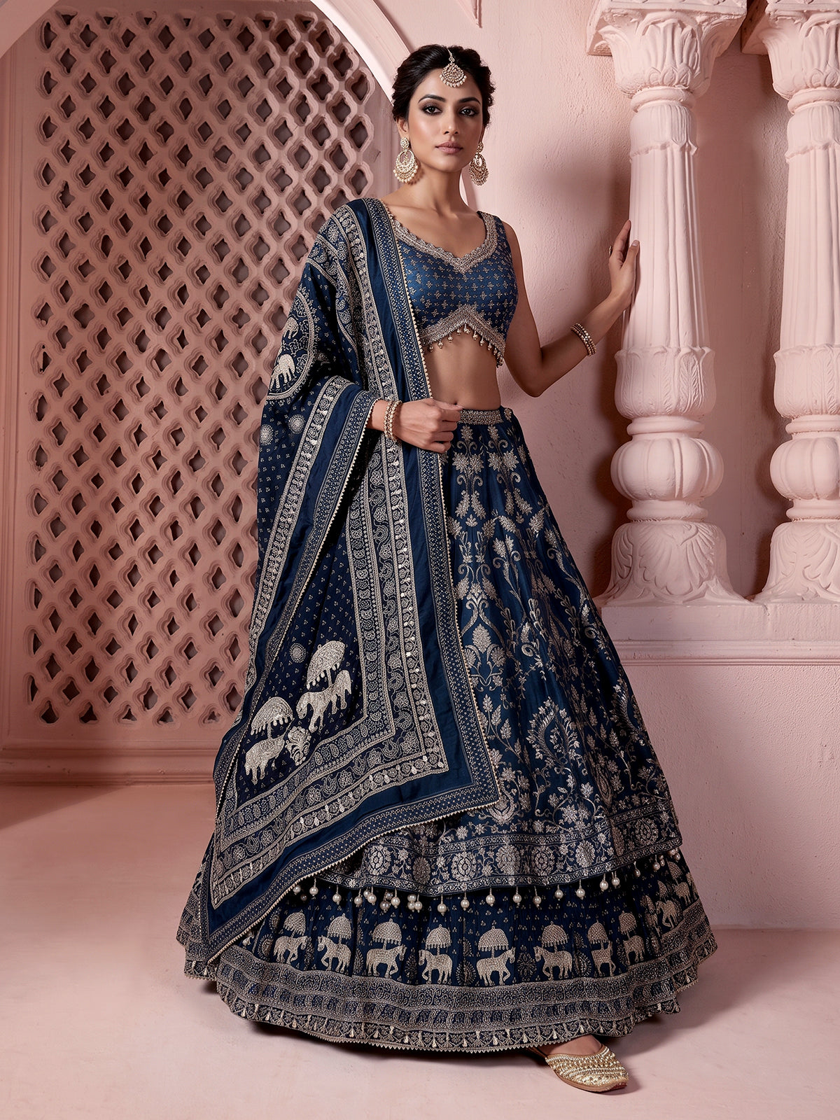 Blue banarasi silk embroidered wedding lehenga choli