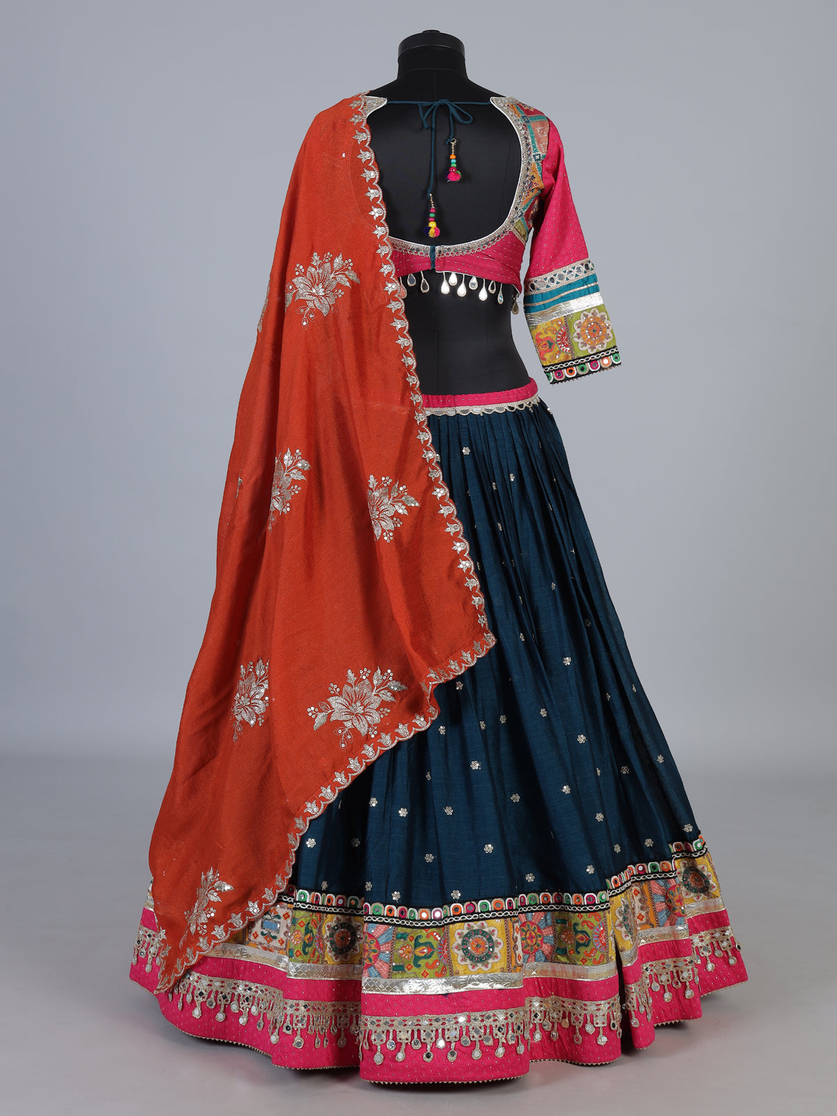 Blue embroidered silk garba lehenga choli with dupatta