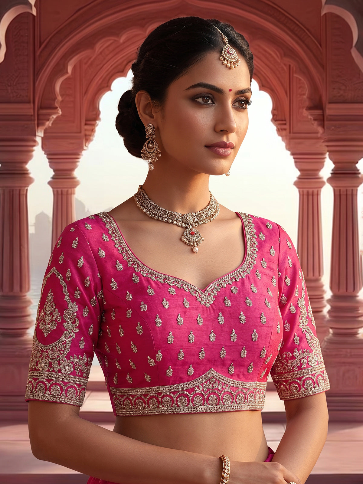 Rani pink bridal raw silk lehenga choli with embellished dupatta