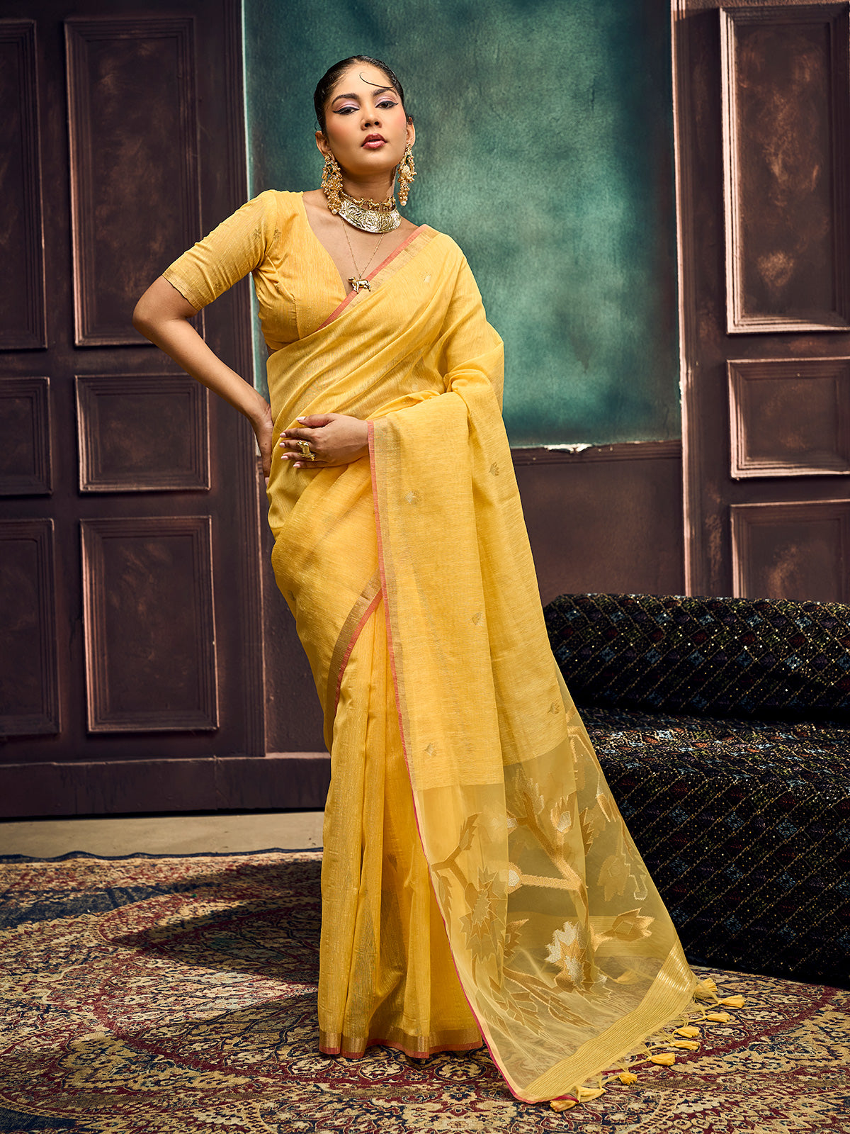 Mustard yellow heritage-inspired munga silk saree