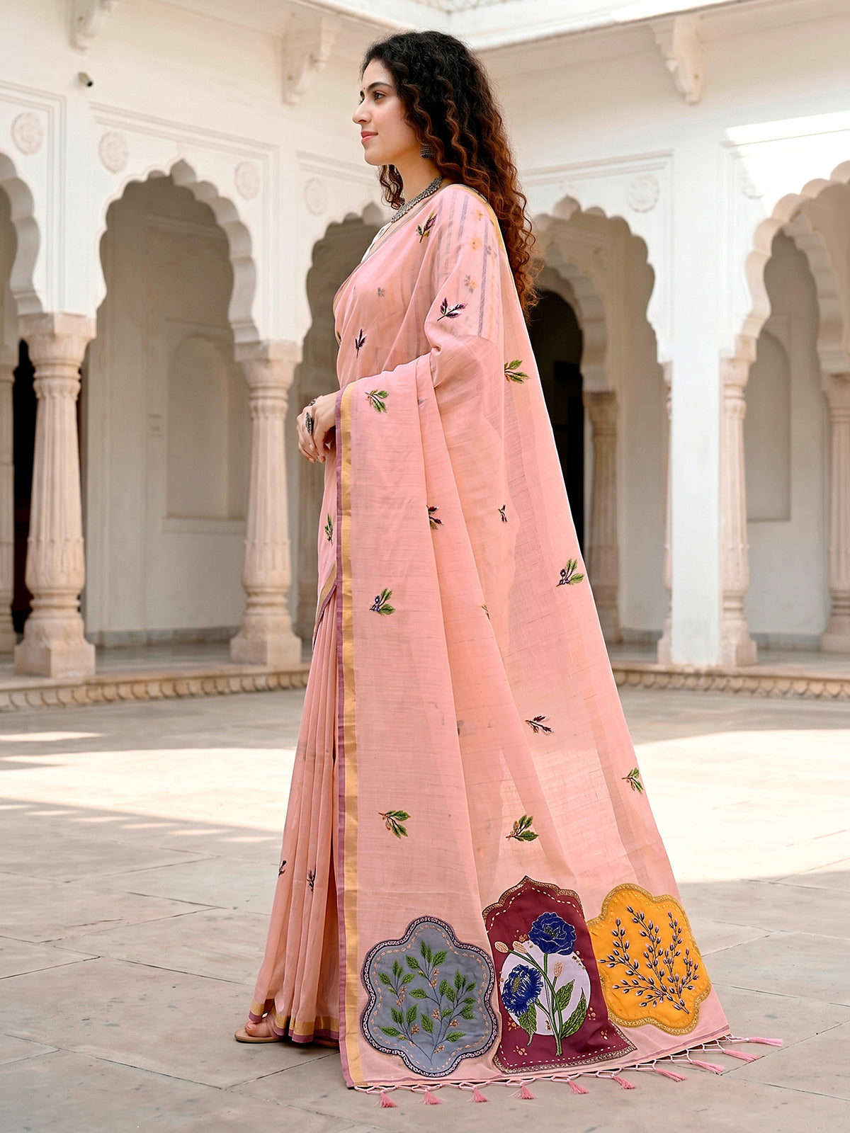Peach designer printed cotton blend festive saree with zari accents