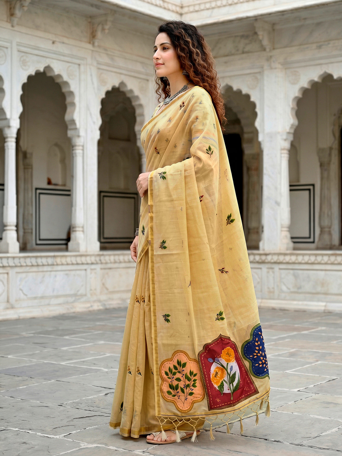 Yellow festive cotton blend saree with artistic patch work