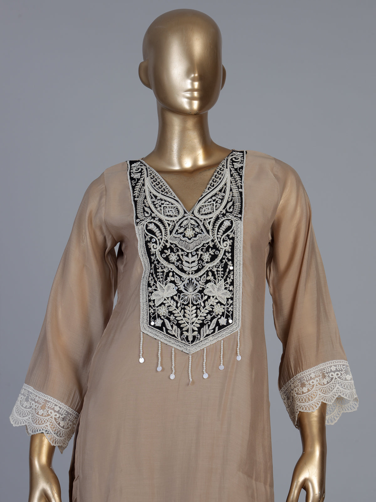 Beige embroidered cotton silk pant suit with festive dupatta