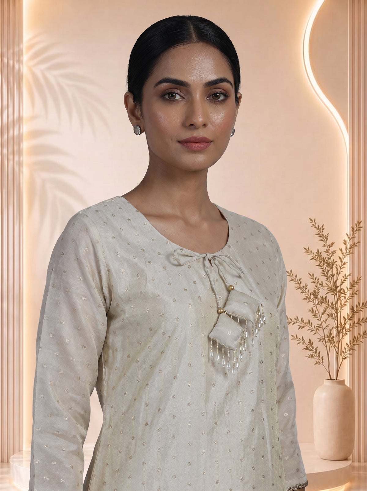 Cream silk straight salwar suit with Bandhani printed dupatta