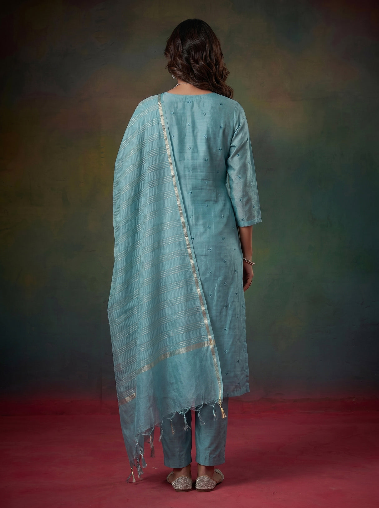 Blue festive cotton silk straight salwar suit with embroidered dupatta