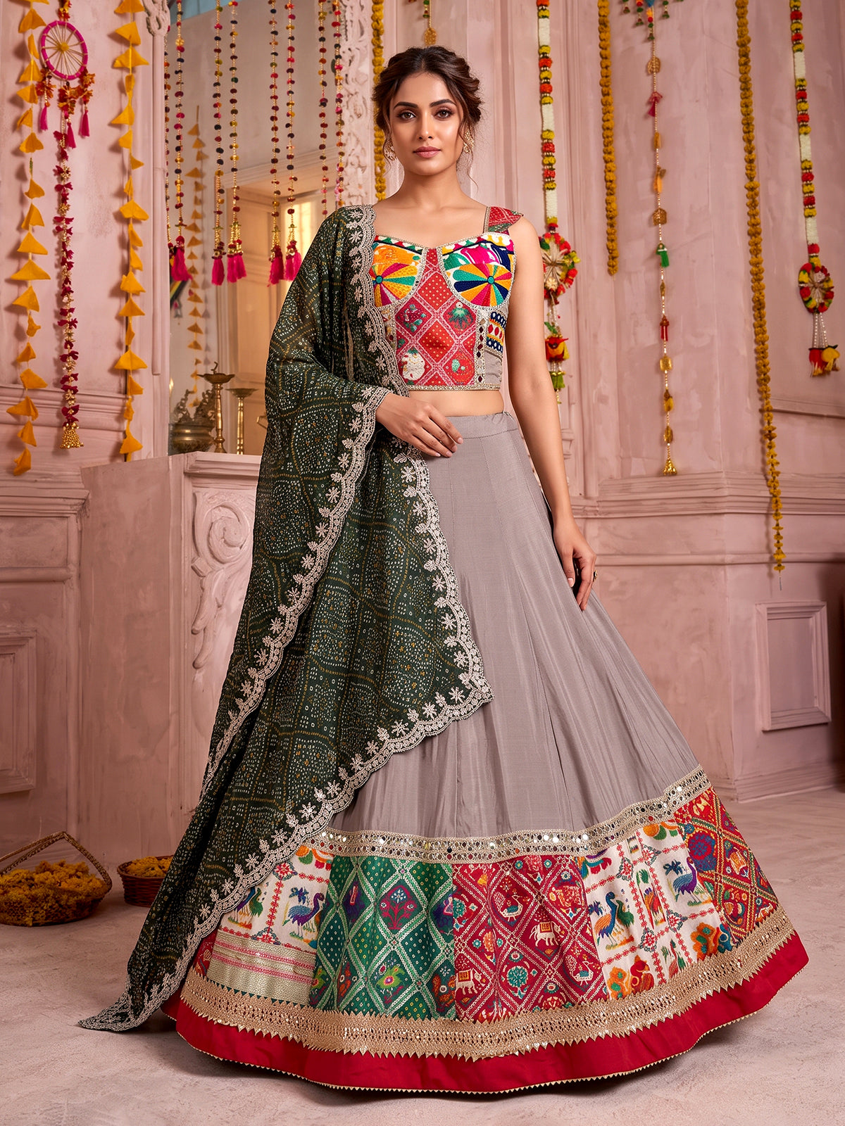Beige satin silk embroidered navratri chaniya choli