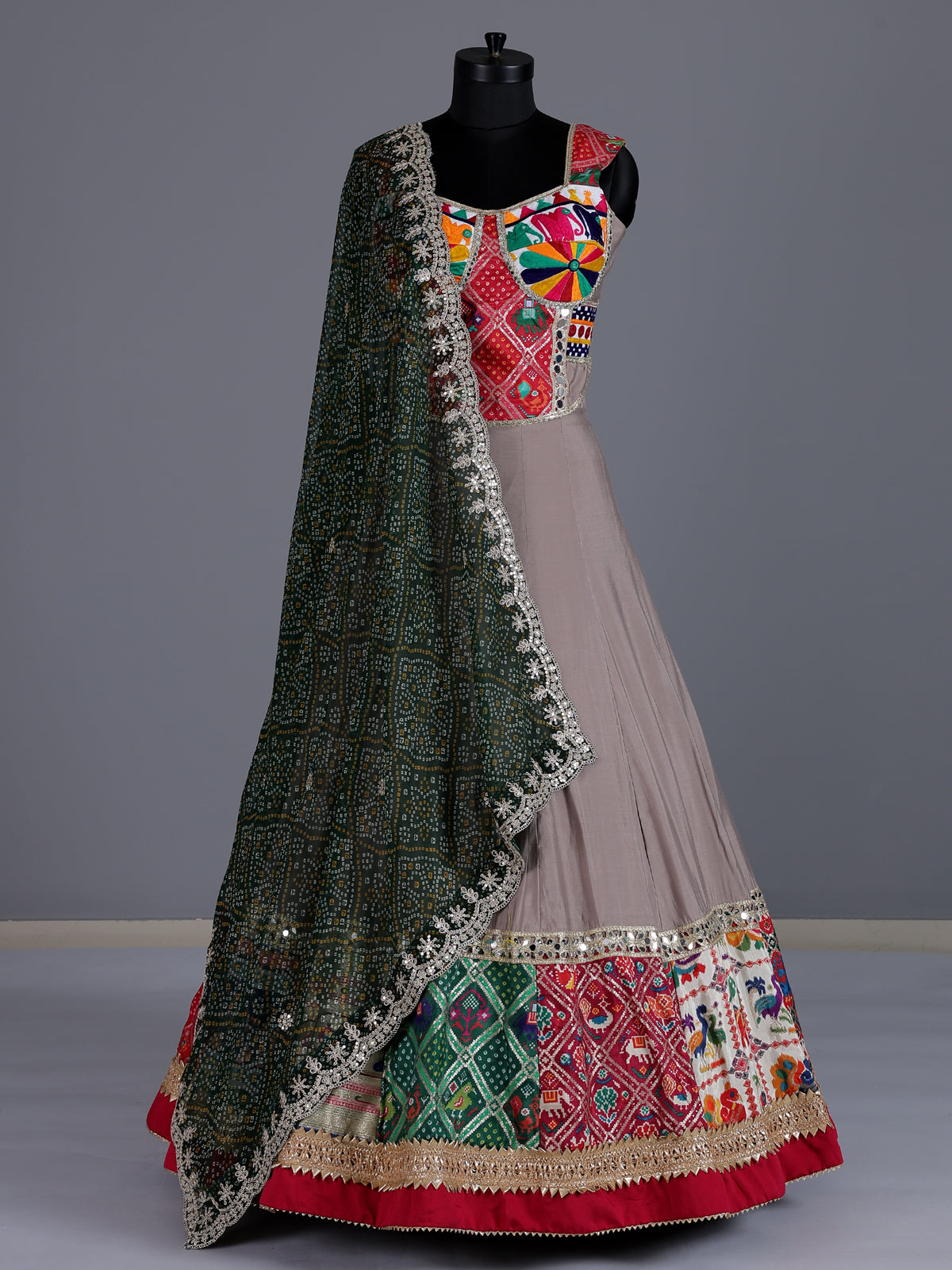 Beige satin silk embroidered navratri chaniya choli