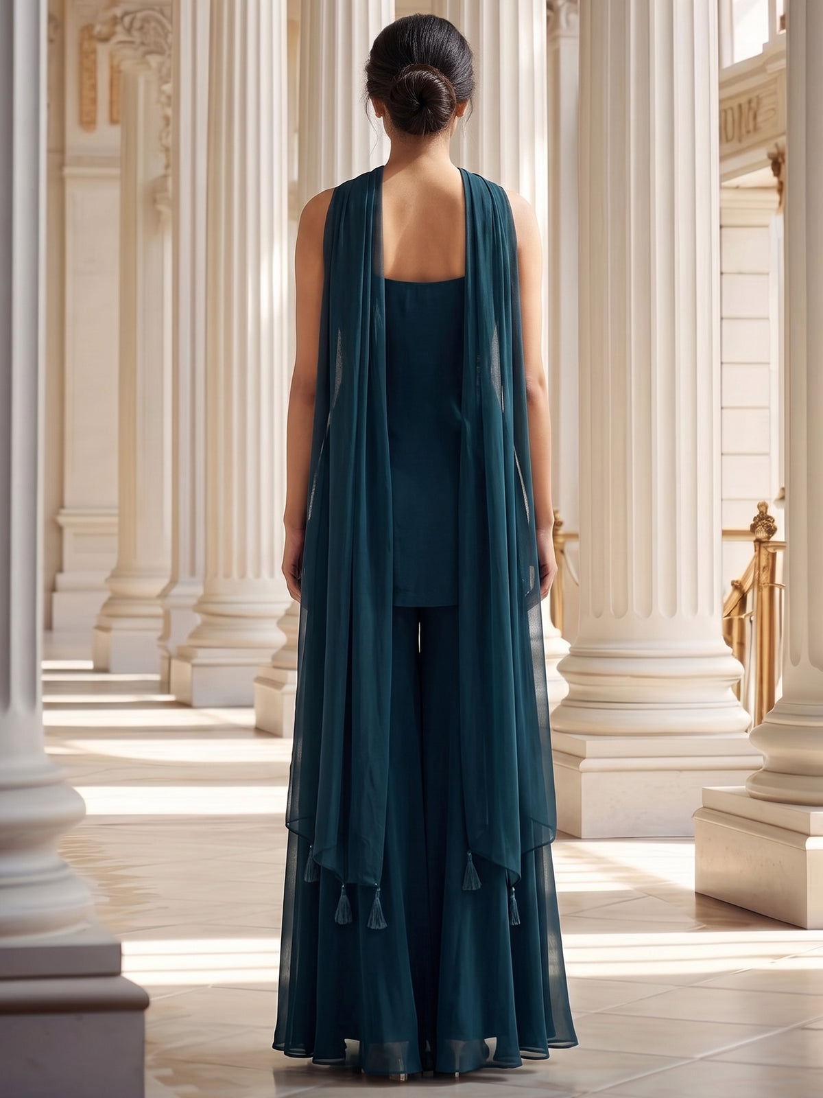 Teal blue georgette silk palazzo suit with choker dupatta