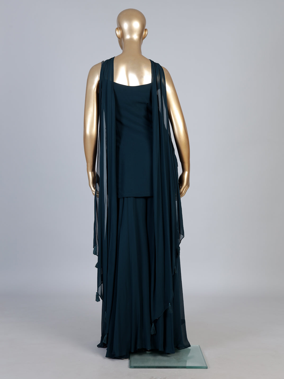 Teal blue georgette silk palazzo suit with choker dupatta
